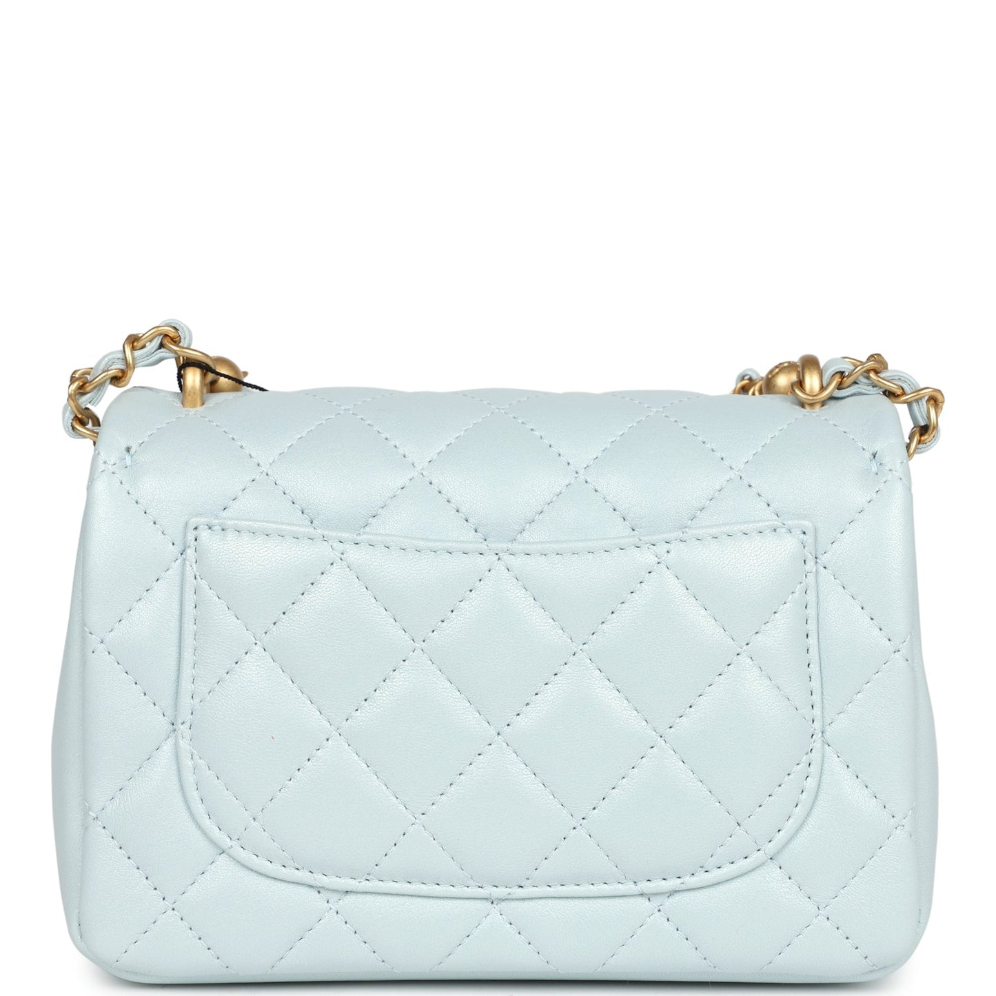 Chanel Mini Square Pearl Flap Bag Light Blue Iridescent Lambskin Brushed Gold Hardware