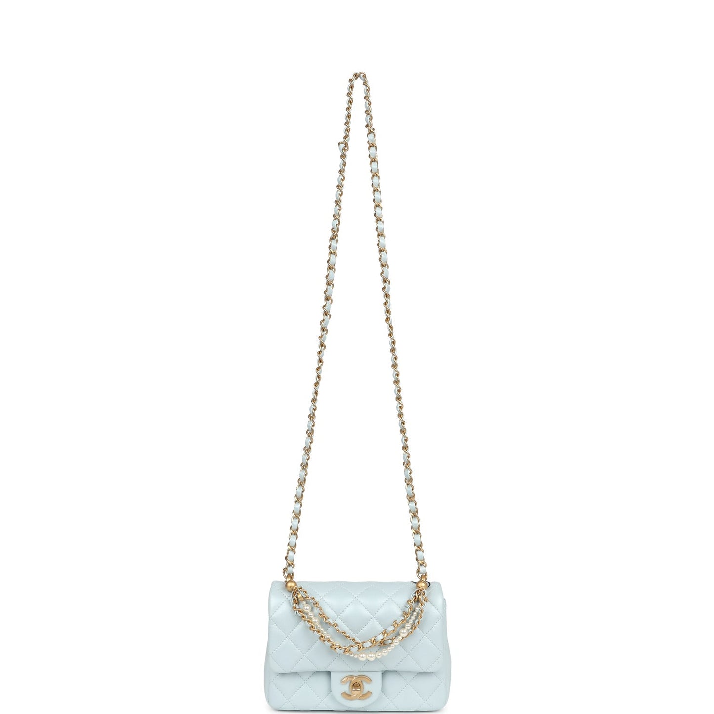 Chanel Mini Square Pearl Flap Bag Light Blue Iridescent Lambskin Brushed Gold Hardware