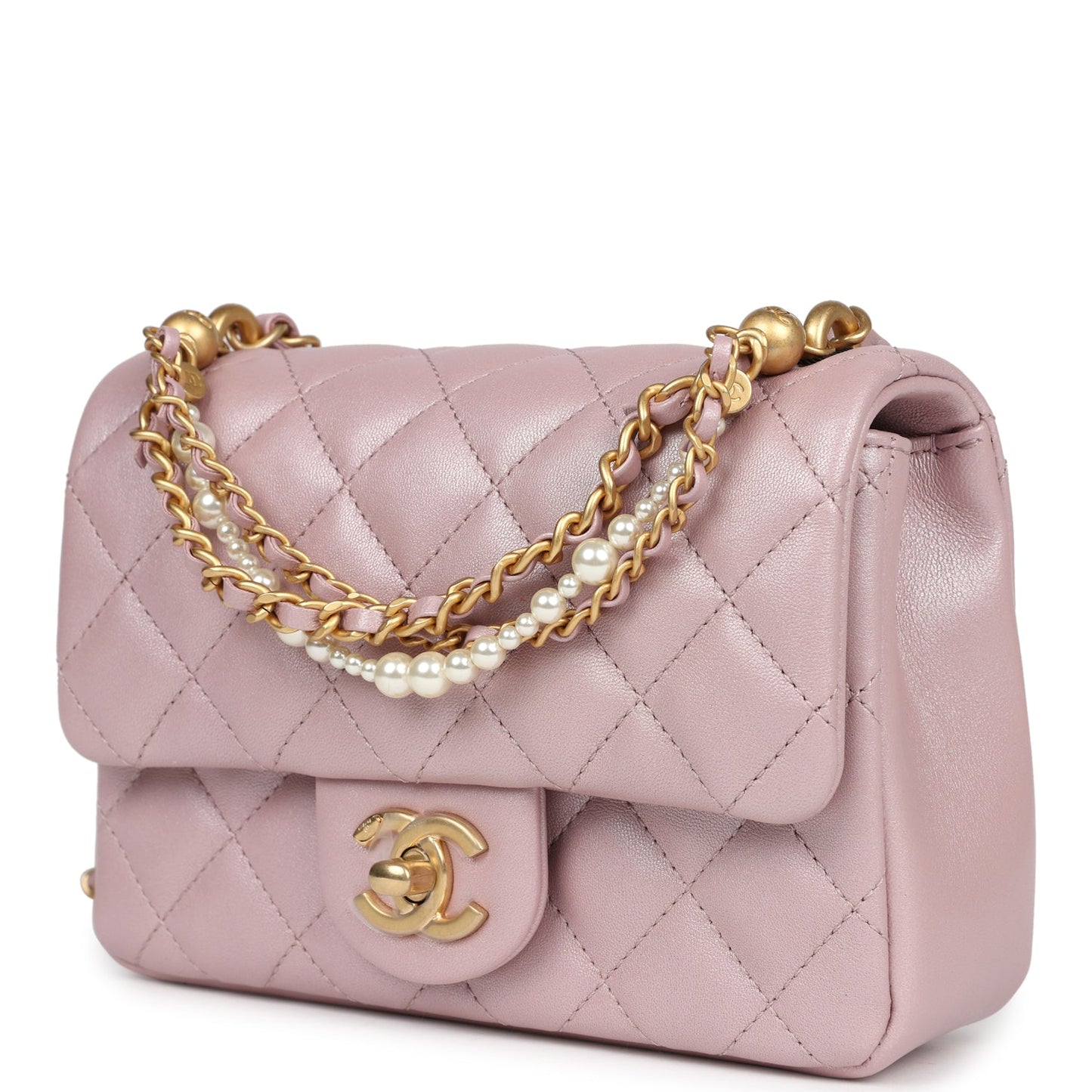 Chanel Mini Square Pearl Flap Bag Light Pink Iridescent Lambskin Brushed Gold Hardware