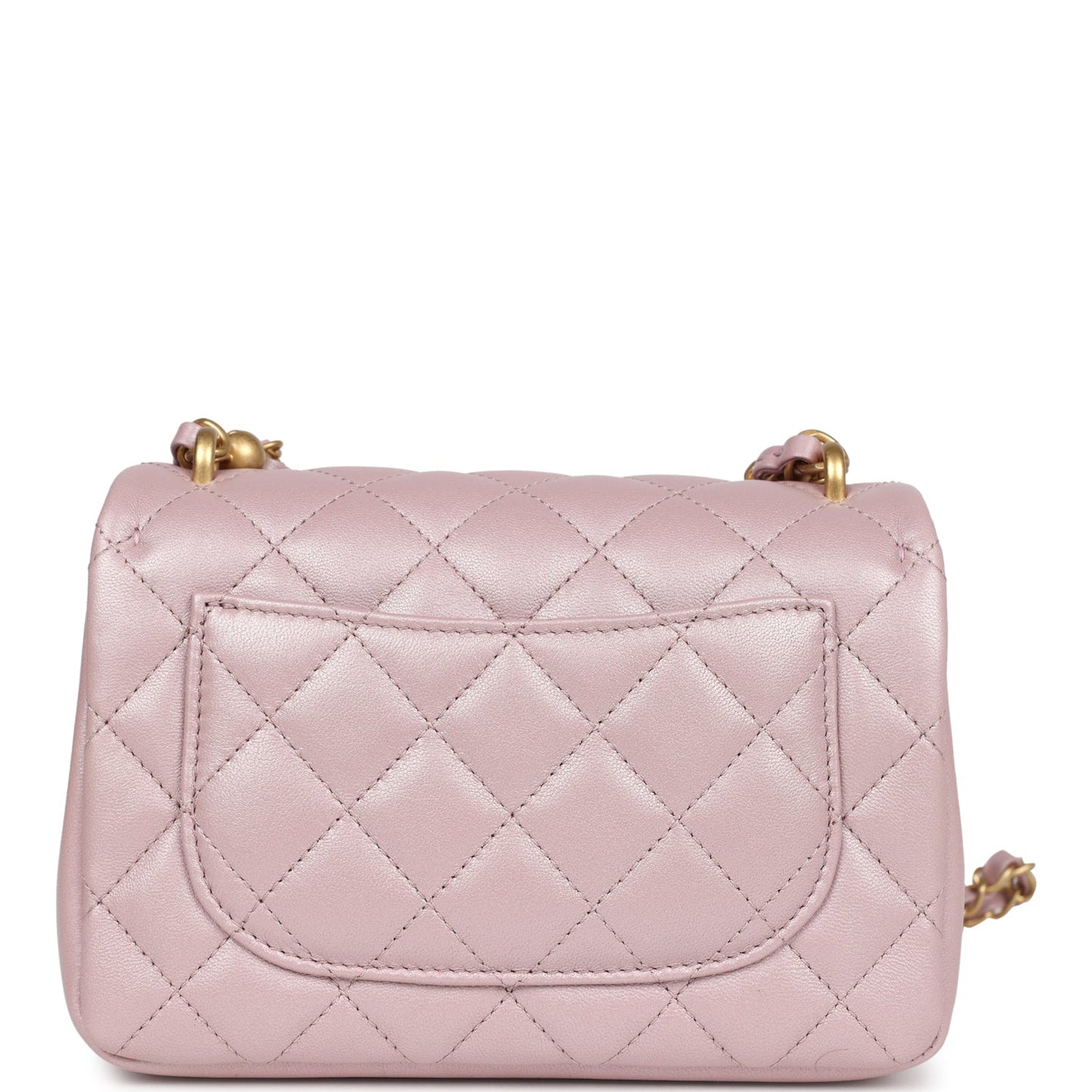 Chanel Mini Square Pearl Flap Bag Light Pink Iridescent Lambskin Brushed Gold Hardware