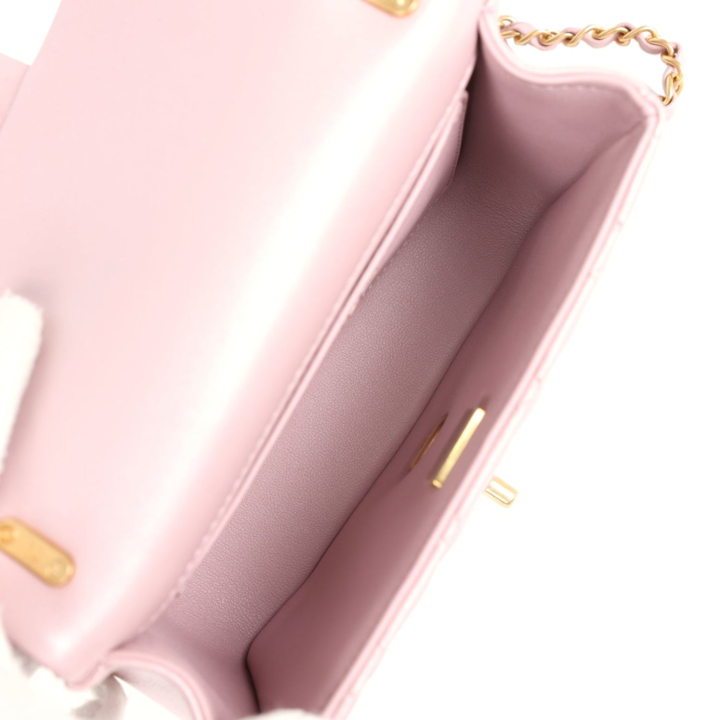 Chanel Mini Square Pearl Flap Bag Light Pink Iridescent Lambskin Brushed Gold Hardware