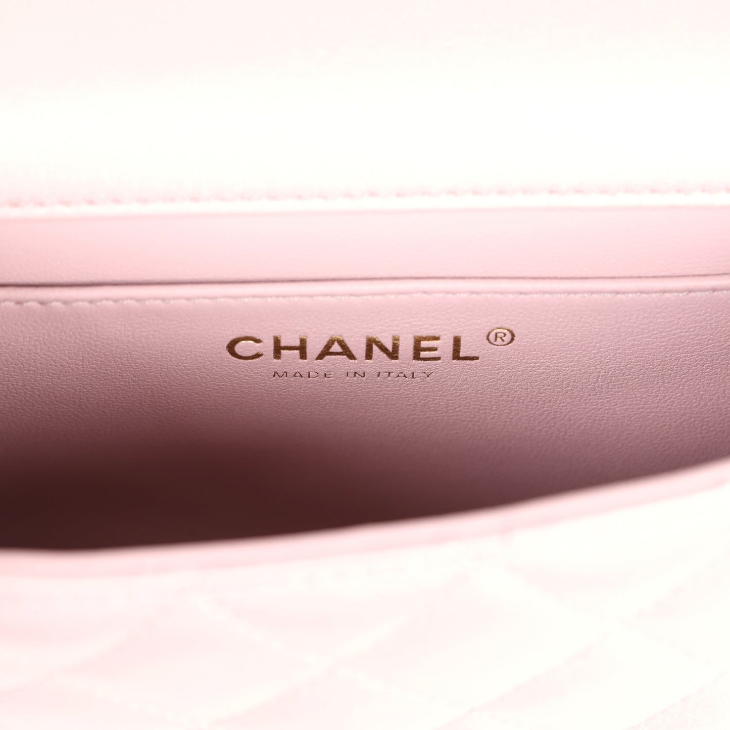 Chanel Mini Square Pearl Flap Bag Light Pink Iridescent Lambskin Brushed Gold Hardware