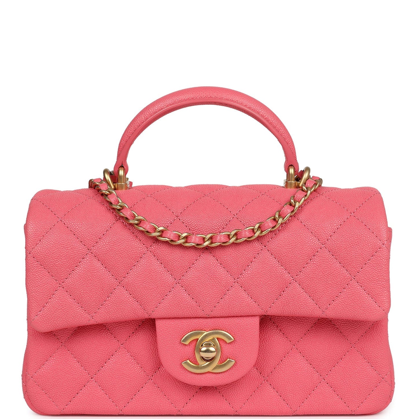 Pre-owned Chanel Mini Rectangular Flap with Top Handle Hot Pink Caviar Antique Gold Hardware