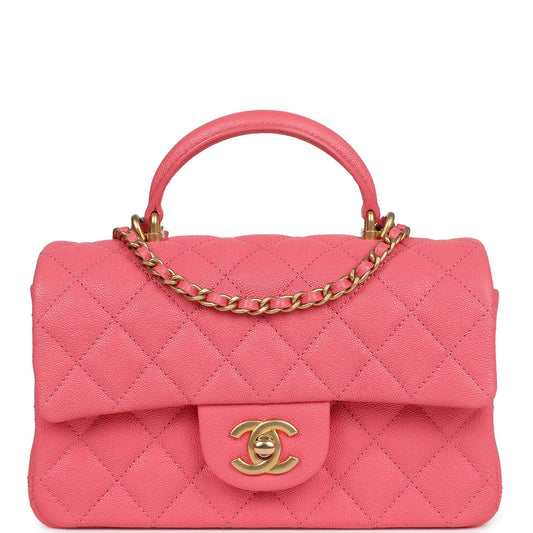 Pre-owned Chanel Mini Rectangular Flap with Top Handle Hot Pink Caviar Antique Gold Hardware