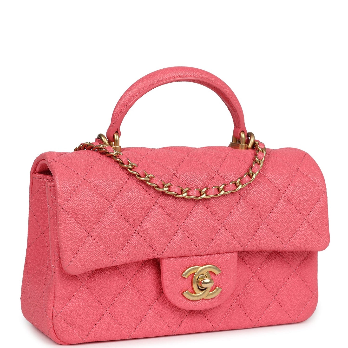 Pre-owned Chanel Mini Rectangular Flap with Top Handle Hot Pink Caviar Antique Gold Hardware