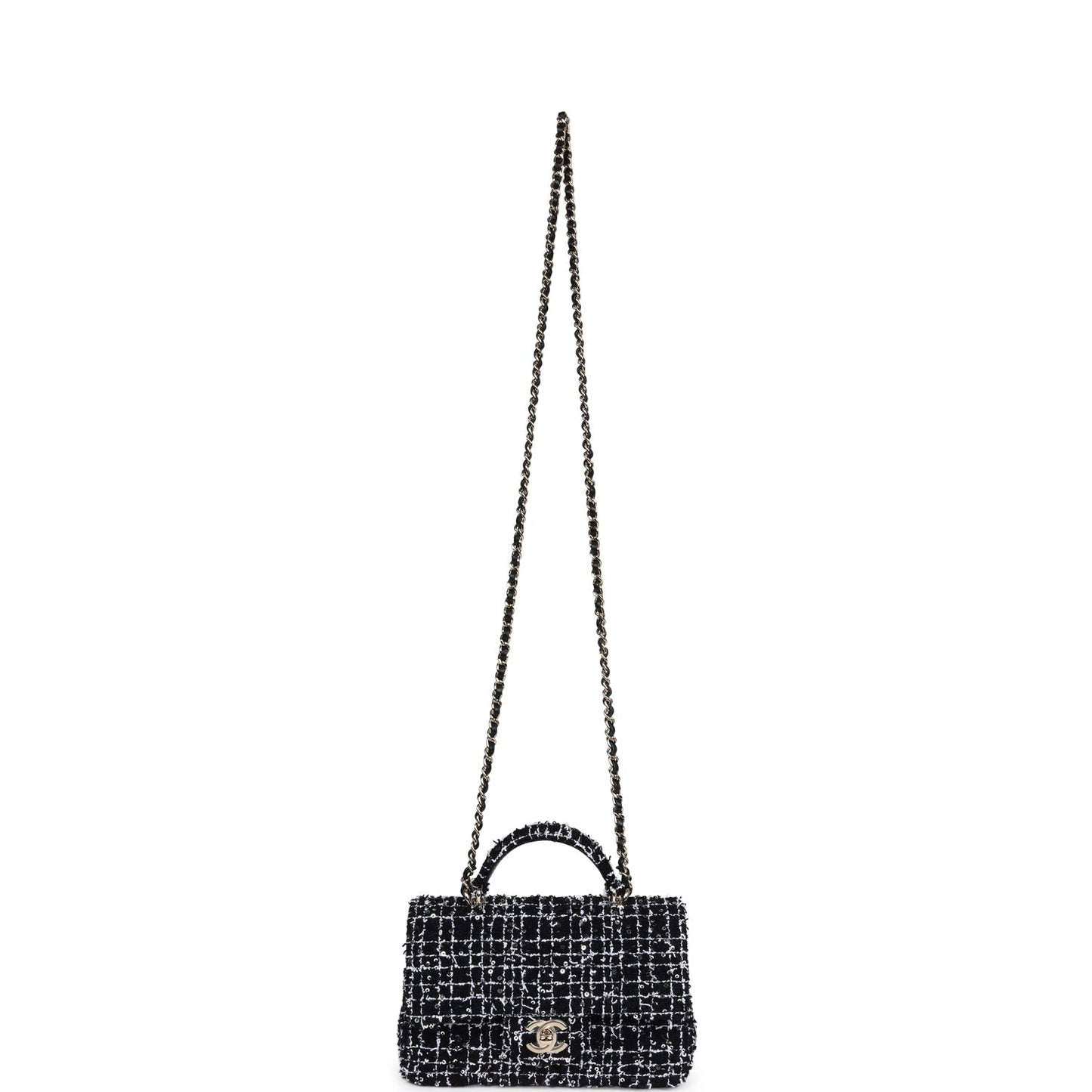 Chanel Mini Rectangular Top Handle Flap Black and White Sequin Tweed Light Gold Hardware