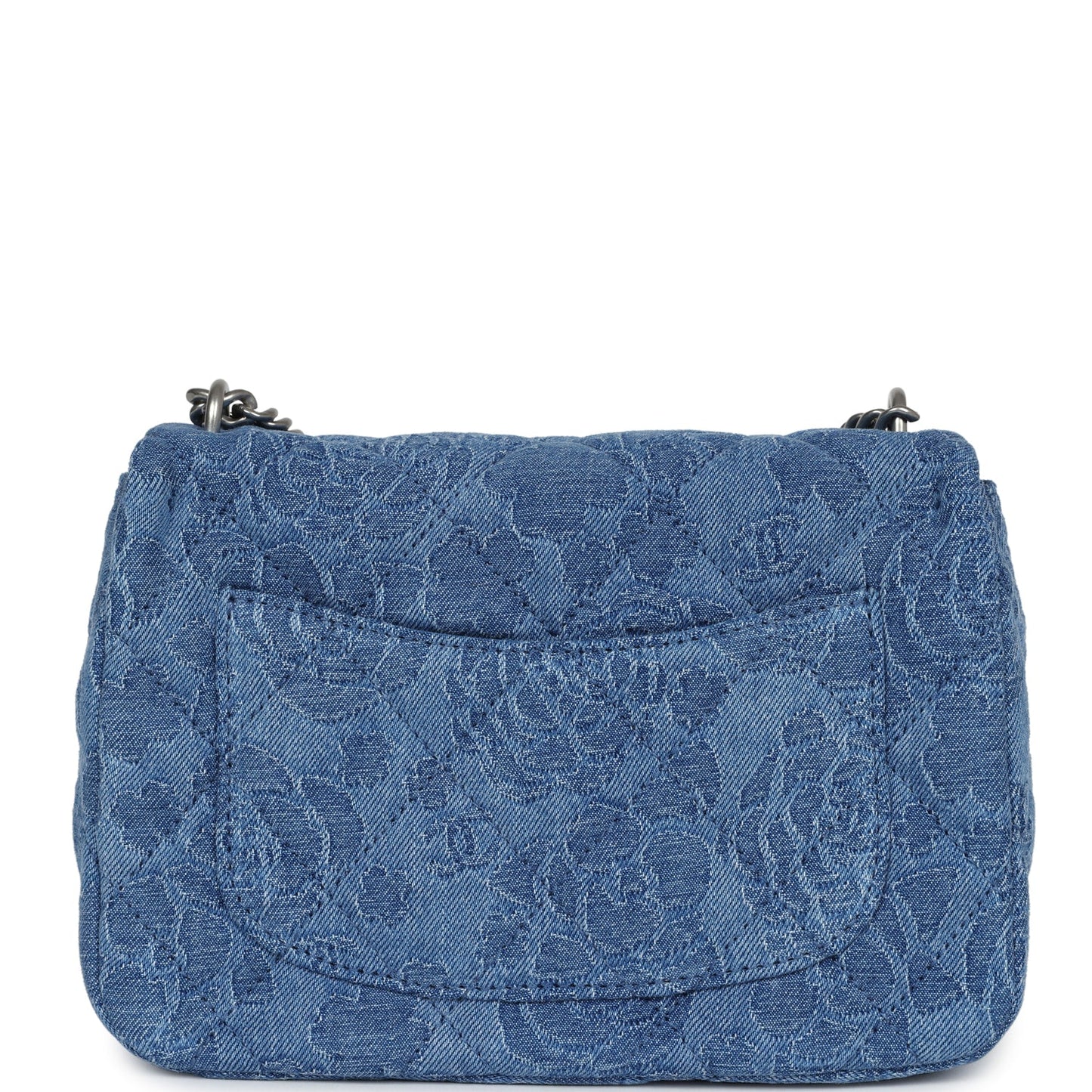 Chanel Mini Camellia Crush Rectangular Flap Blue Denim Antique Silver Hardware