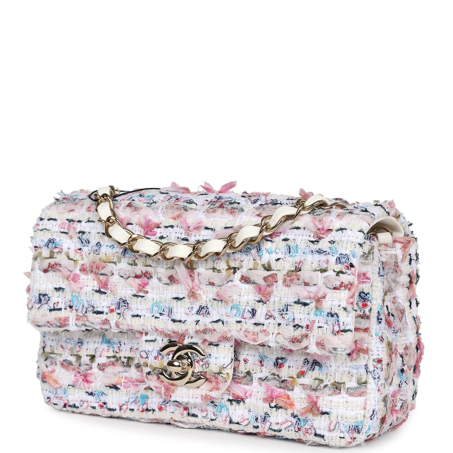 Chanel Mini Rectangular Flap Bag White/Pink/ Multicolored Tweed Light Gold Hardware