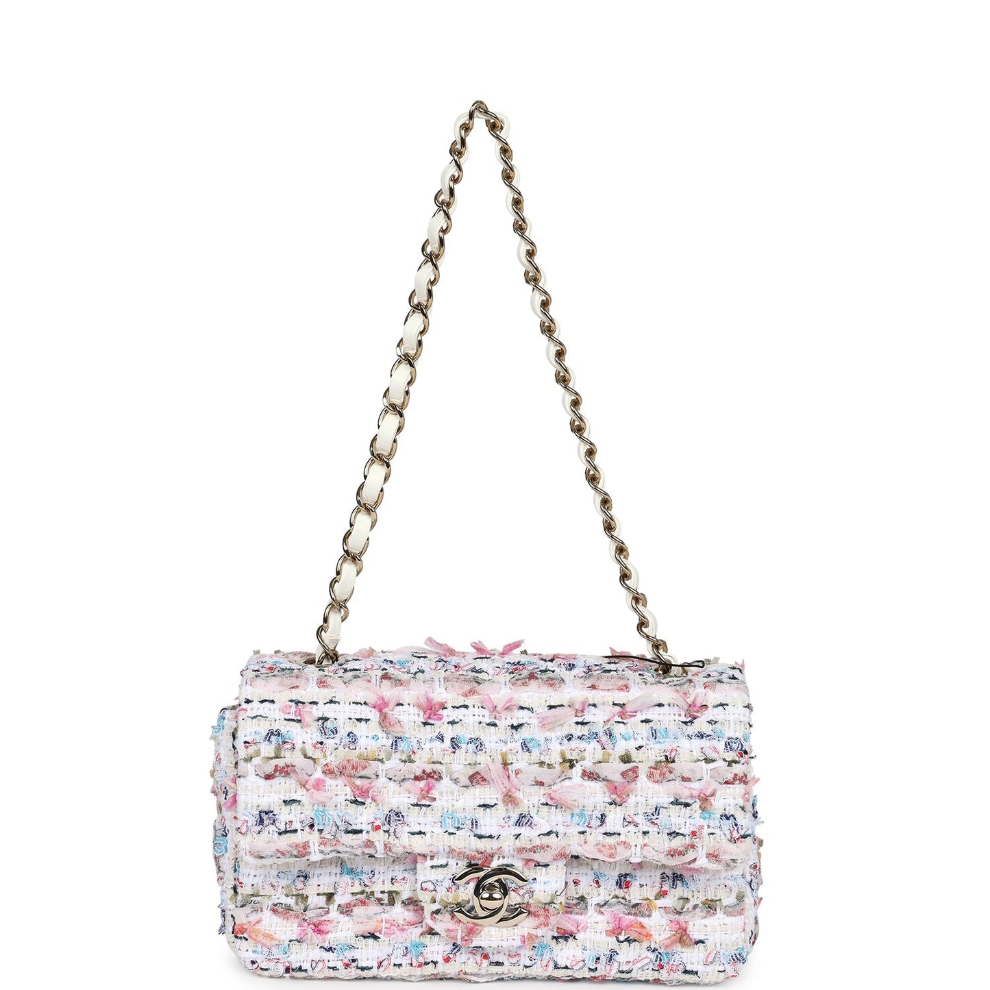 Chanel Mini Rectangular Flap Bag White/Pink/ Multicolored Tweed Light Gold Hardware