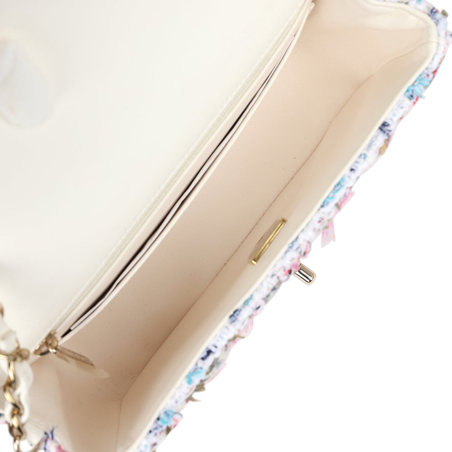 Chanel Mini Rectangular Flap Bag White/Pink/ Multicolored Tweed Light Gold Hardware