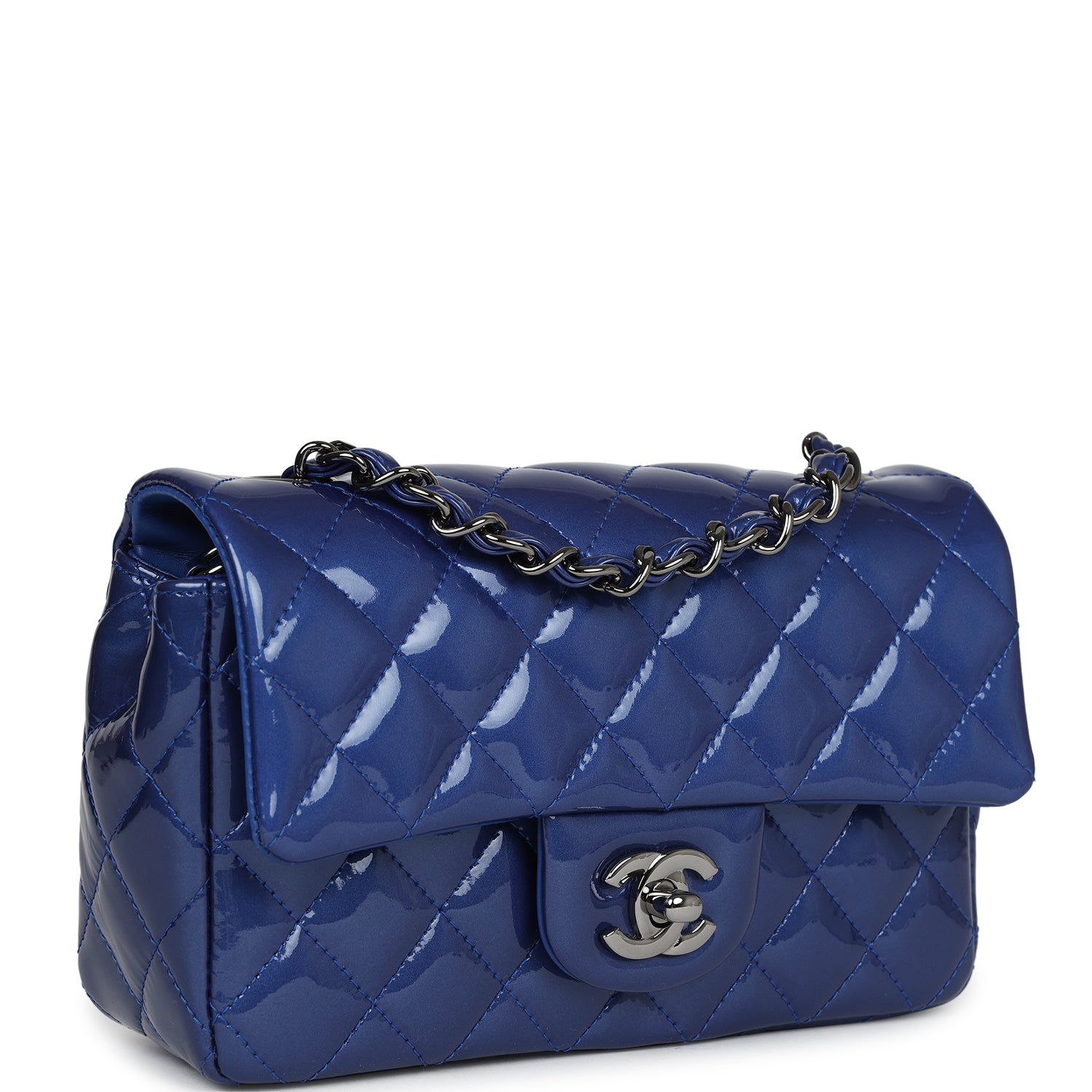 Pre-owned Chanel Mini Rectangular Flap Bag Blue Patent Ruthenium Hardware - Bob Flawless Skincare 