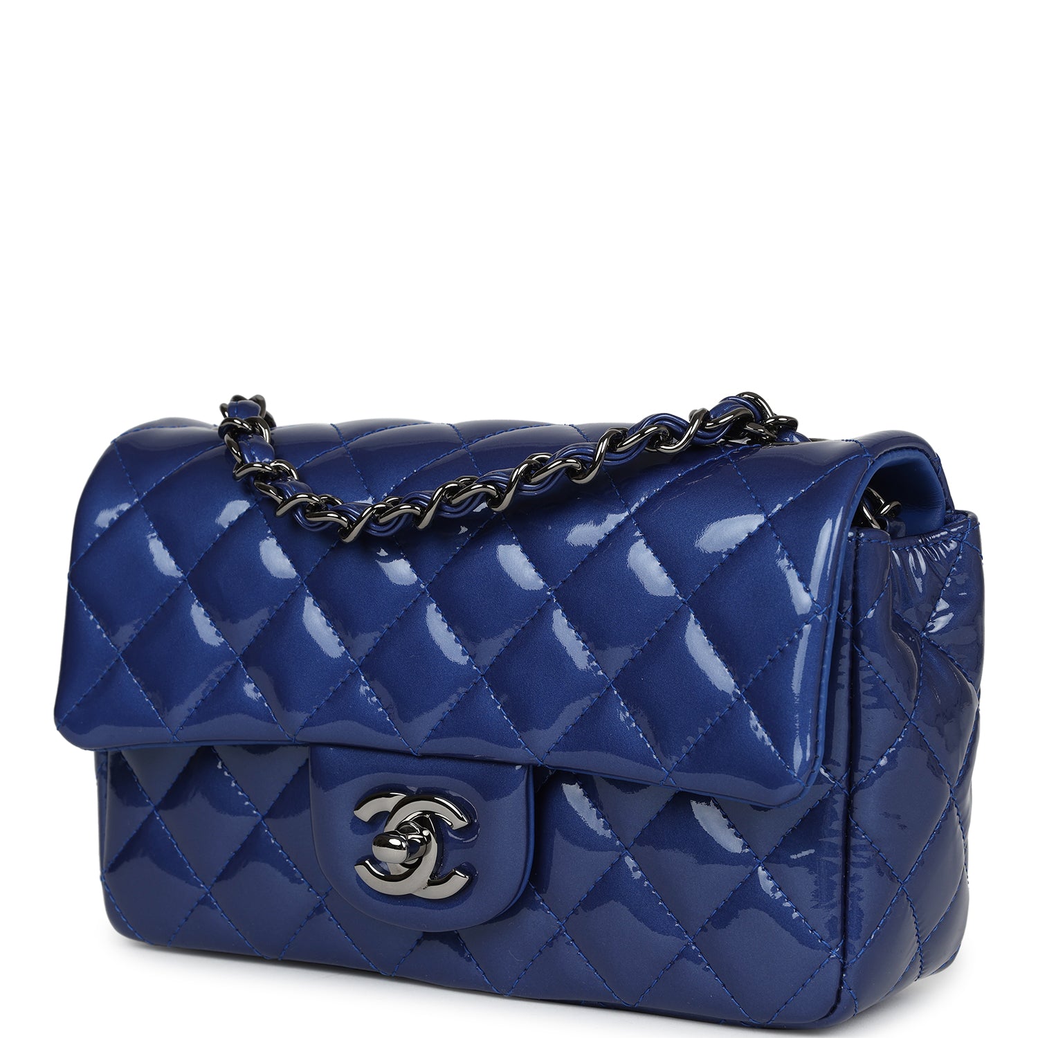 Pre-owned Chanel Mini Rectangular Flap Bag Blue Patent Ruthenium Hardware - Bob Flawless Skincare 