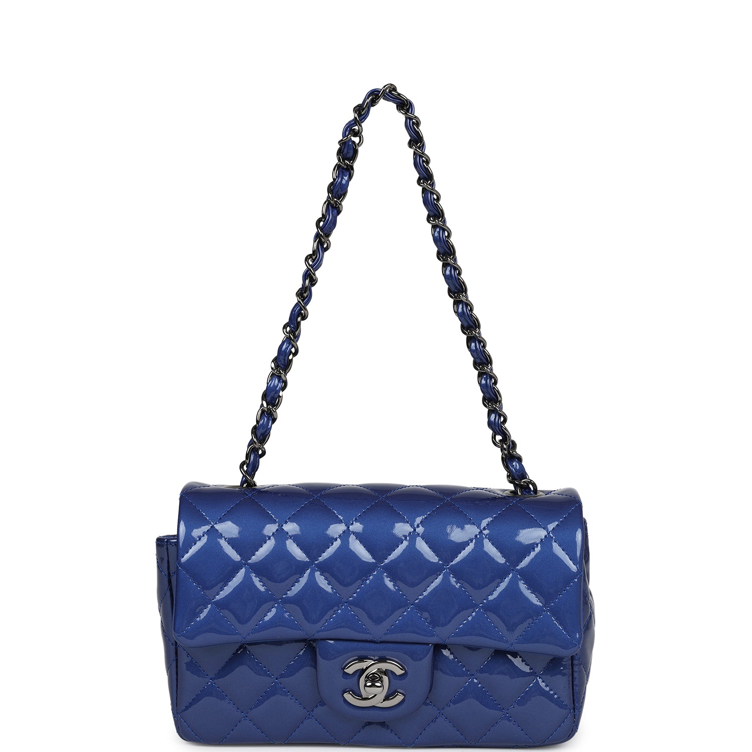 Pre-owned Chanel Mini Rectangular Flap Bag Blue Patent Ruthenium Hardware - Bob Flawless Skincare 