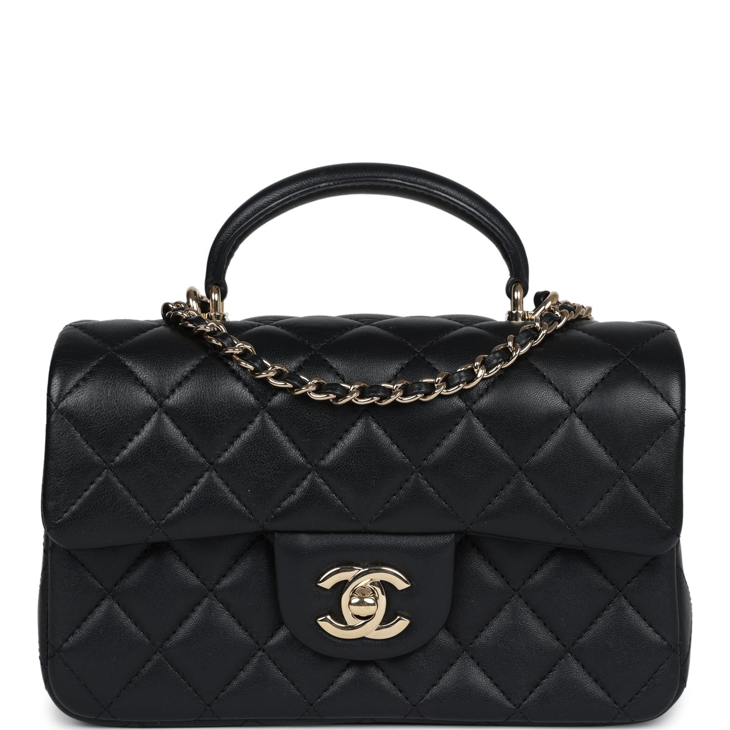 Pre-owned Chanel Mini Rectangular Flap with Top Handle Black Lambskin Light Gold Hardware - Bob Flawless Skincare 