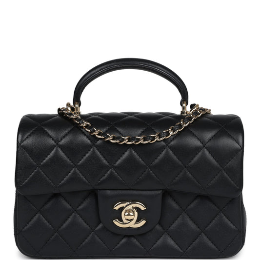 Pre-owned Chanel Mini Rectangular Flap with Top Handle Black Lambskin Light Gold Hardware - Bob Flawless Skincare 