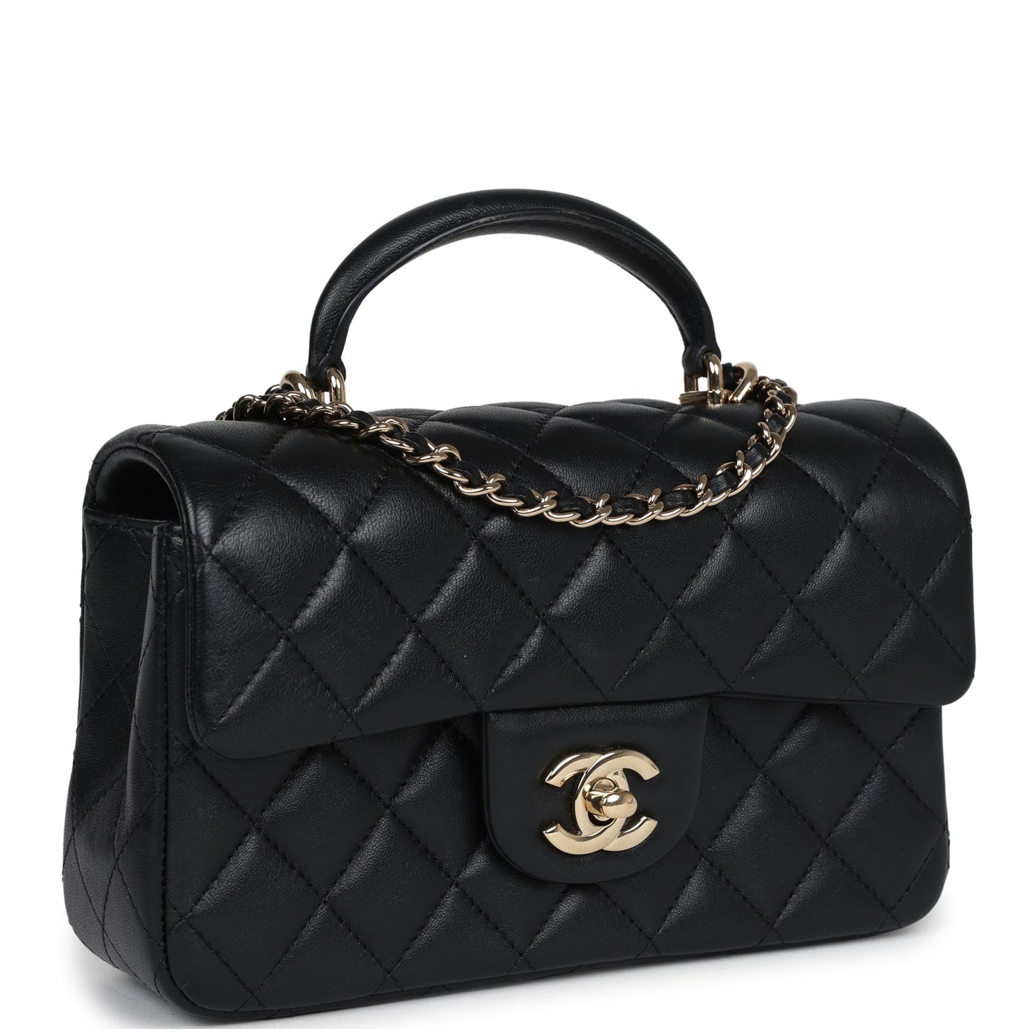 Pre-owned Chanel Mini Rectangular Flap with Top Handle Black Lambskin Light Gold Hardware - Bob Flawless Skincare 