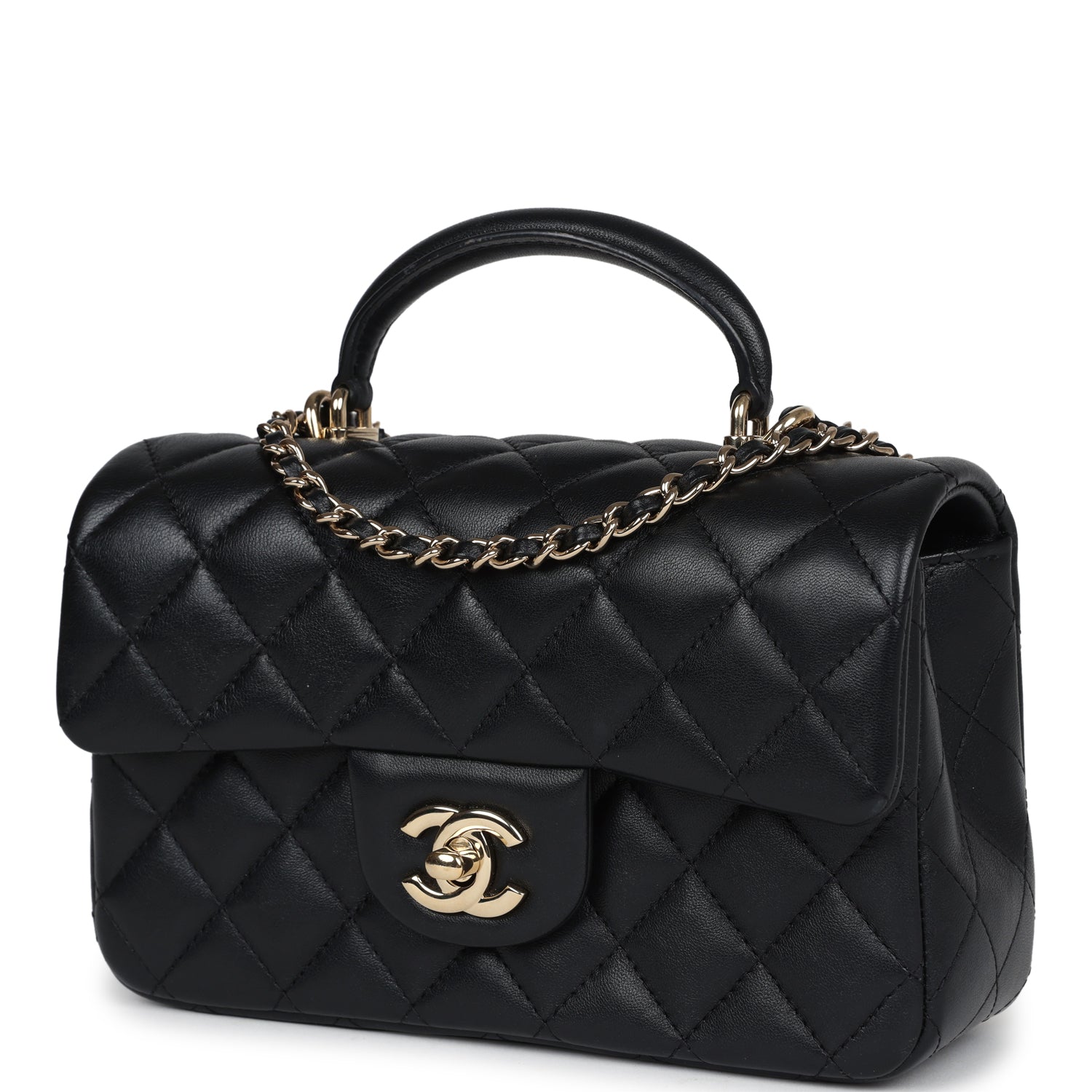 Pre-owned Chanel Mini Rectangular Flap with Top Handle Black Lambskin Light Gold Hardware - Bob Flawless Skincare 