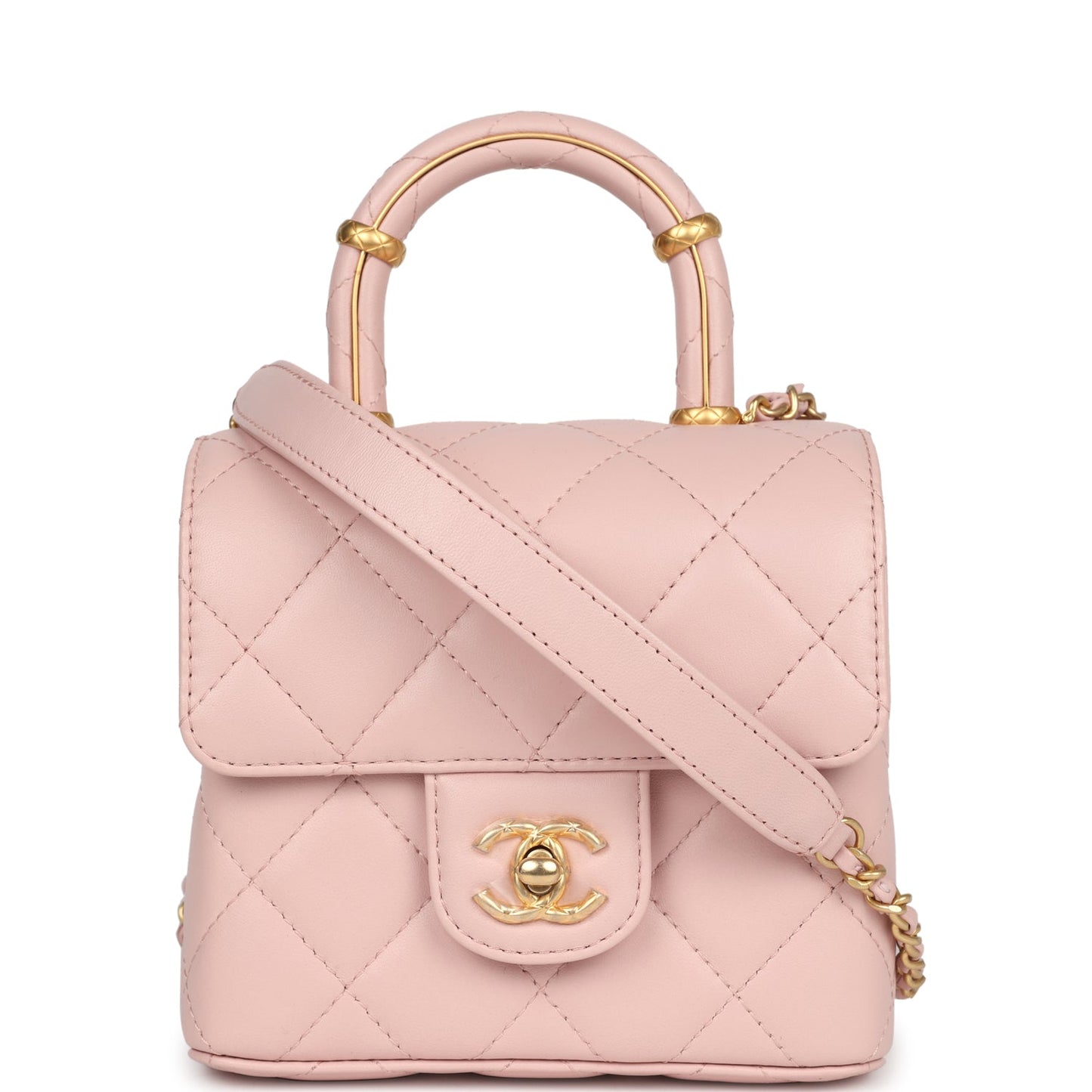 Chanel Mini Square Top Handle Flap Light Pink Lambskin Antique Gold Hardware - Bob Flawless Skincare 