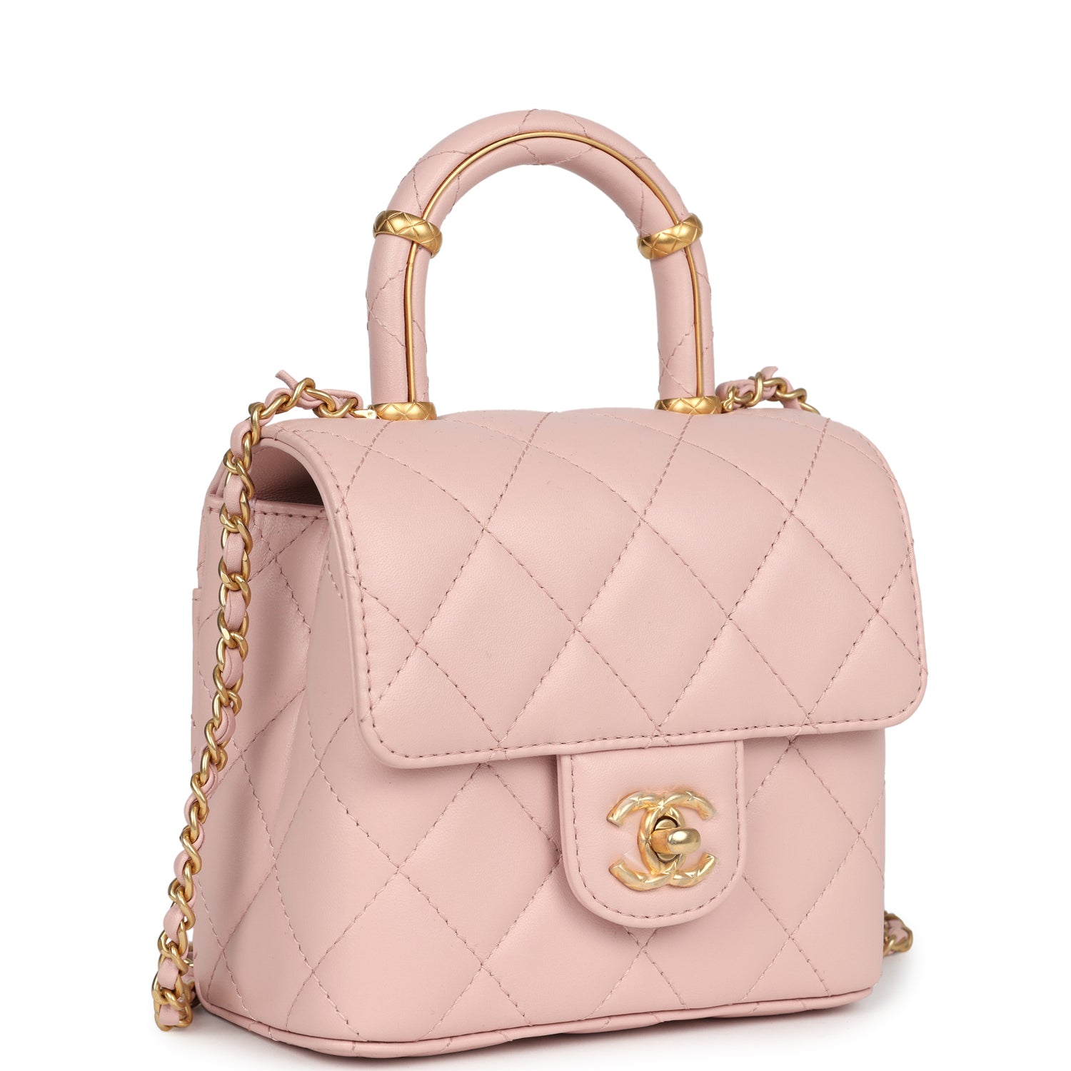 Chanel Mini Square Top Handle Flap Light Pink Lambskin Antique Gold Hardware - Bob Flawless Skincare 