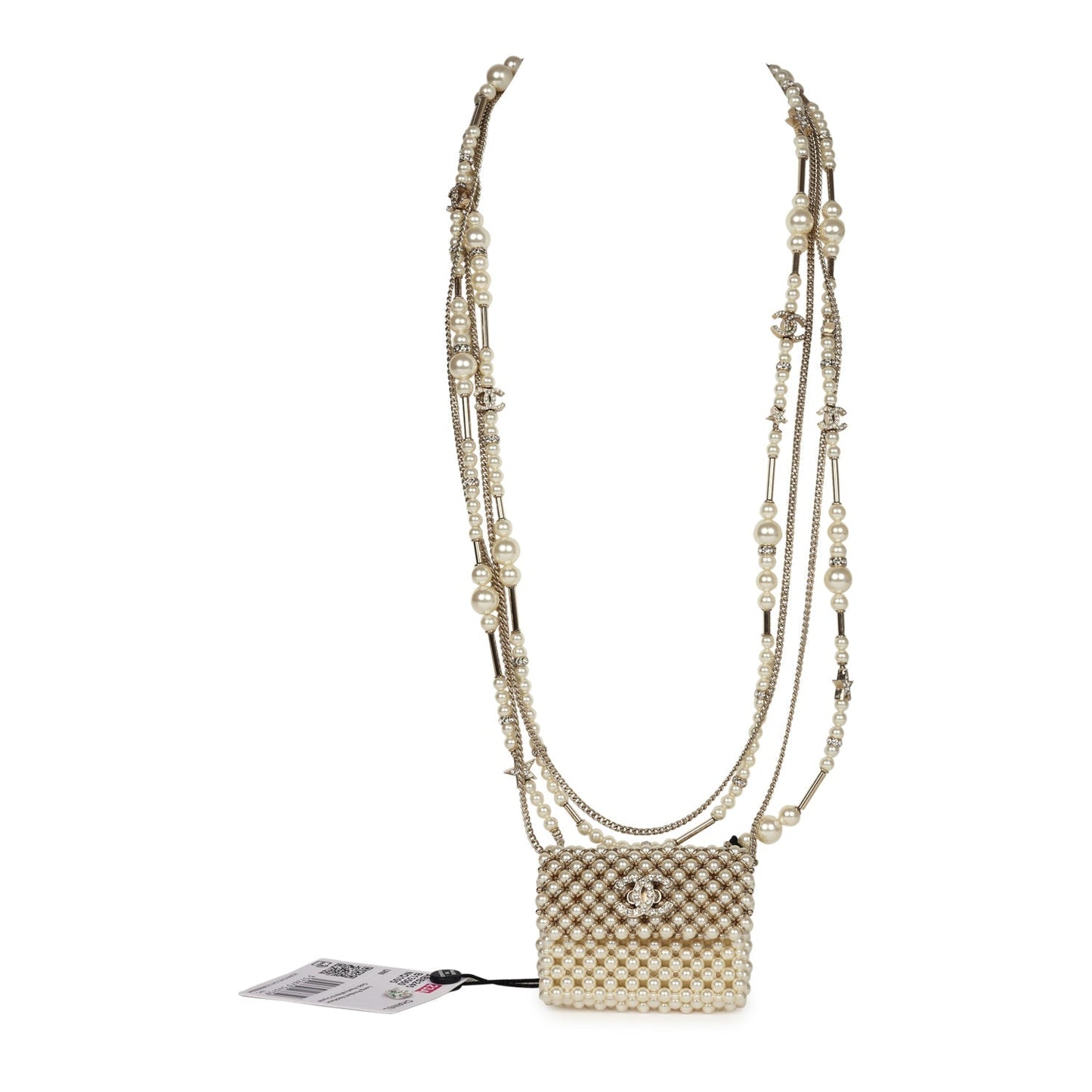 Chanel Pearl Flap Bag Pendant Necklace Light Gold Hardware