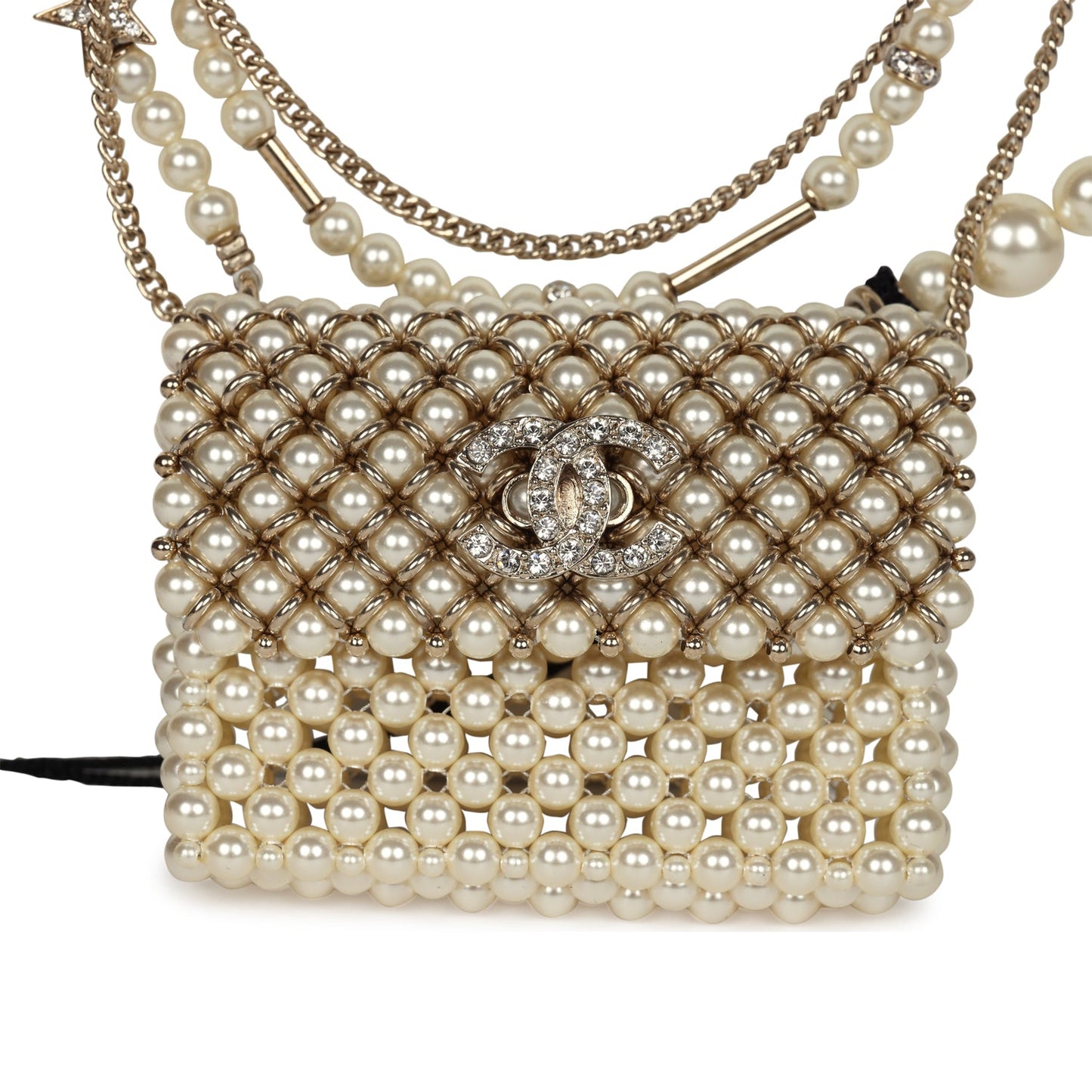 Chanel Pearl Flap Bag Pendant Necklace Light Gold Hardware