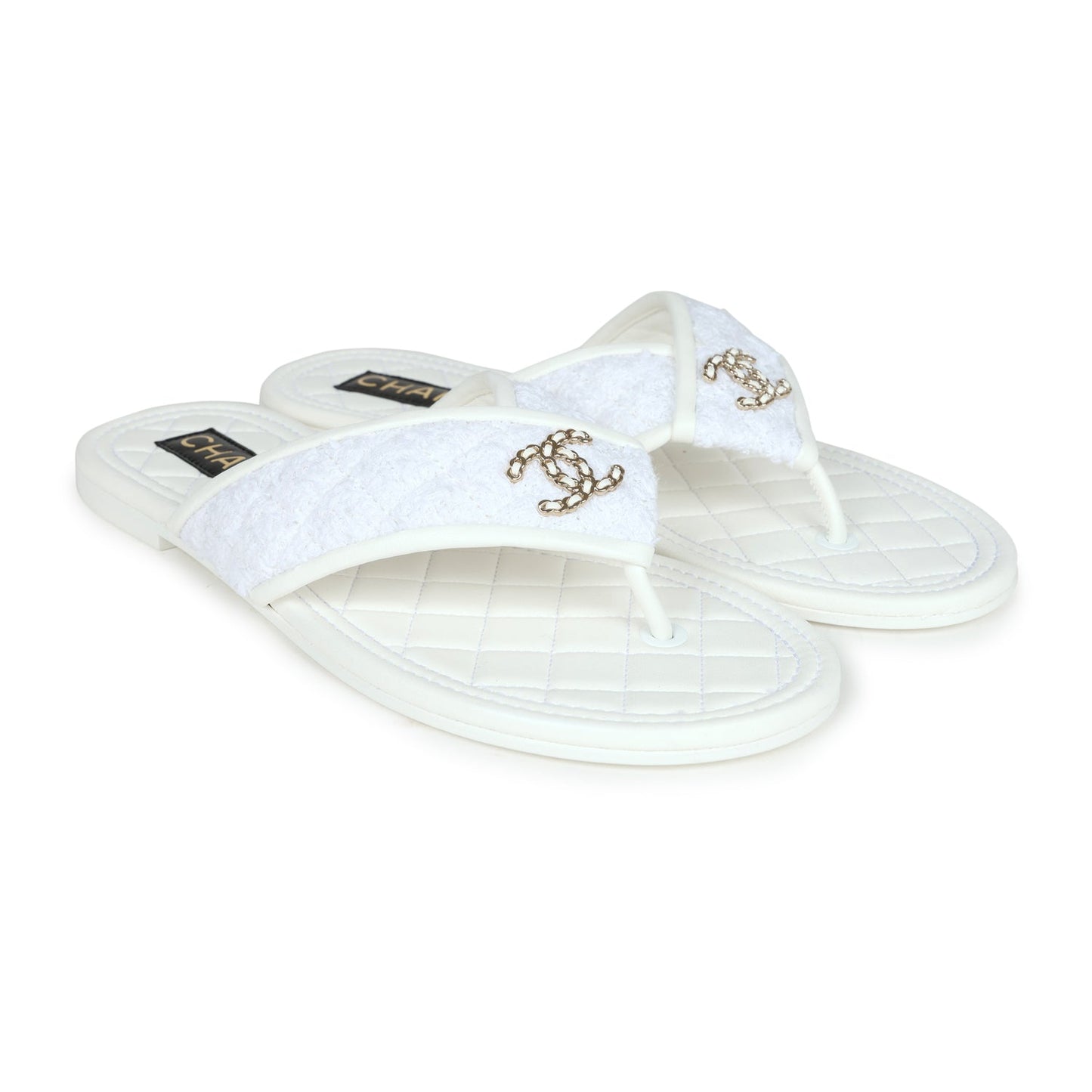 Chanel CC Logo Thong Sandals White Lambskin & Tweed 38 EU Gold Hardware