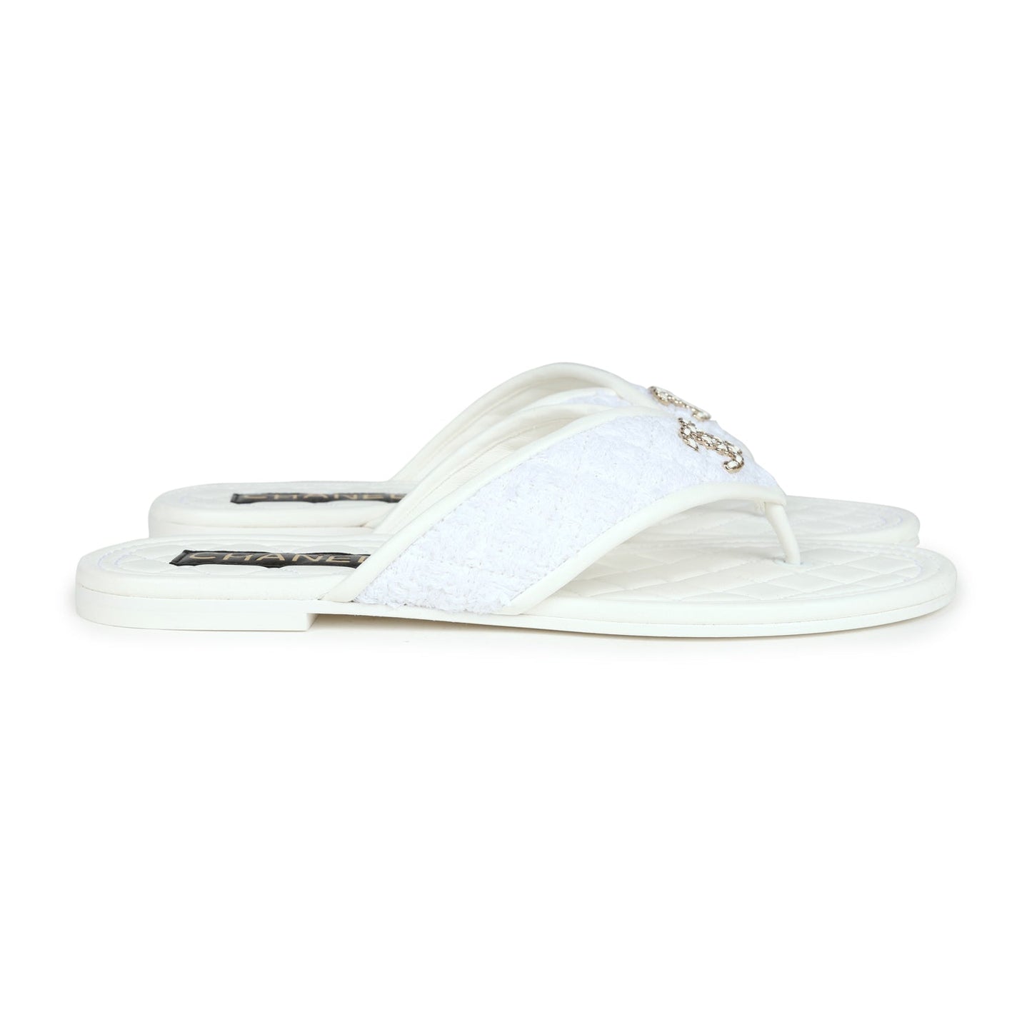 Chanel CC Logo Thong Sandals White Lambskin & Tweed 38 EU Gold Hardware