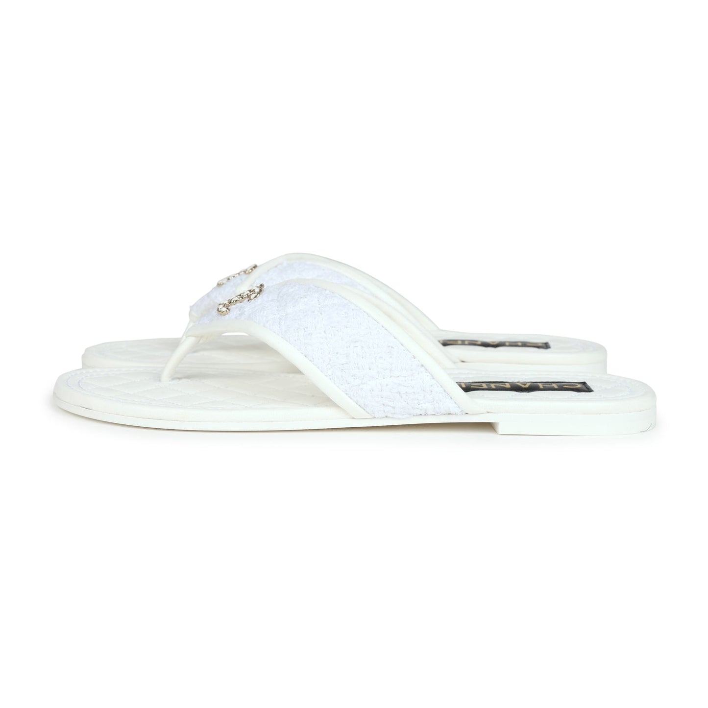 Chanel CC Logo Thong Sandals White Lambskin & Tweed 38 EU Gold Hardware