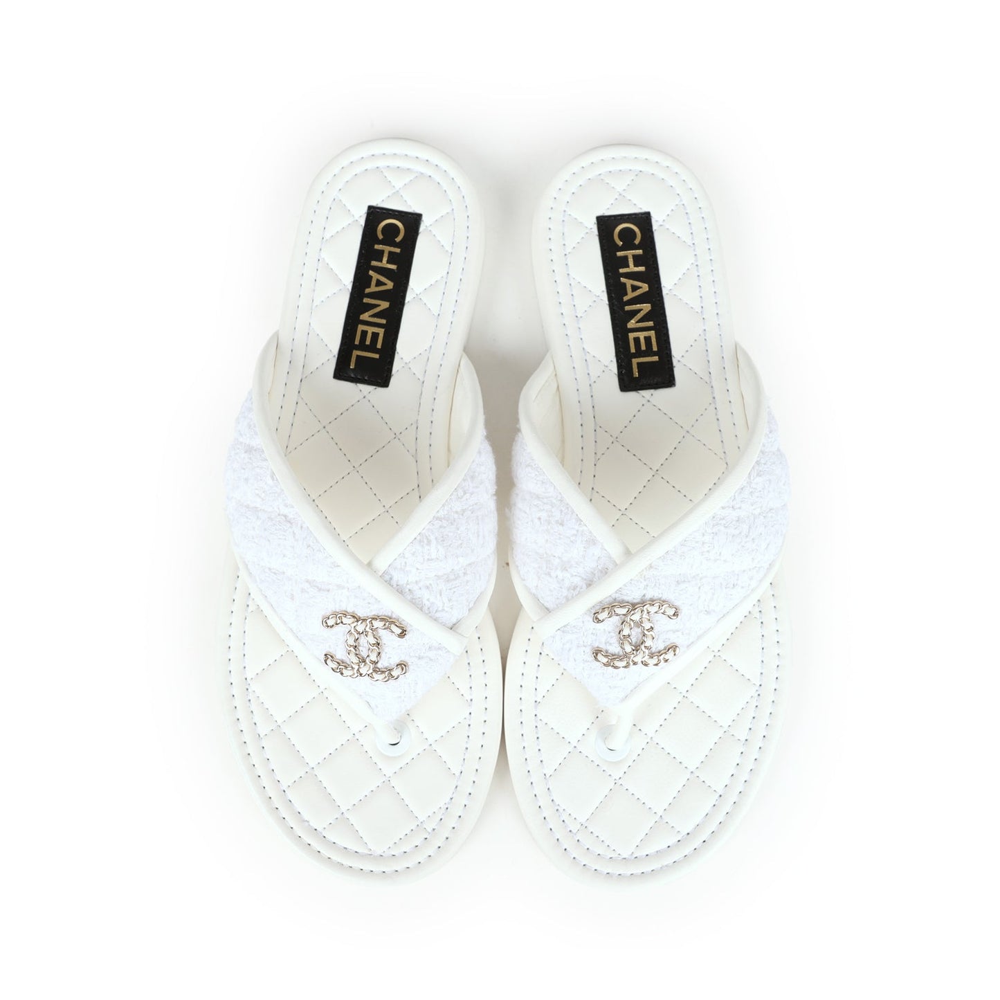 Chanel CC Logo Thong Sandals White Lambskin & Tweed 38 EU Gold Hardware