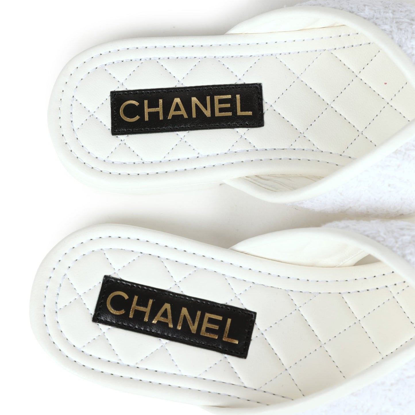 Chanel CC Logo Thong Sandals White Lambskin & Tweed 38 EU Gold Hardware