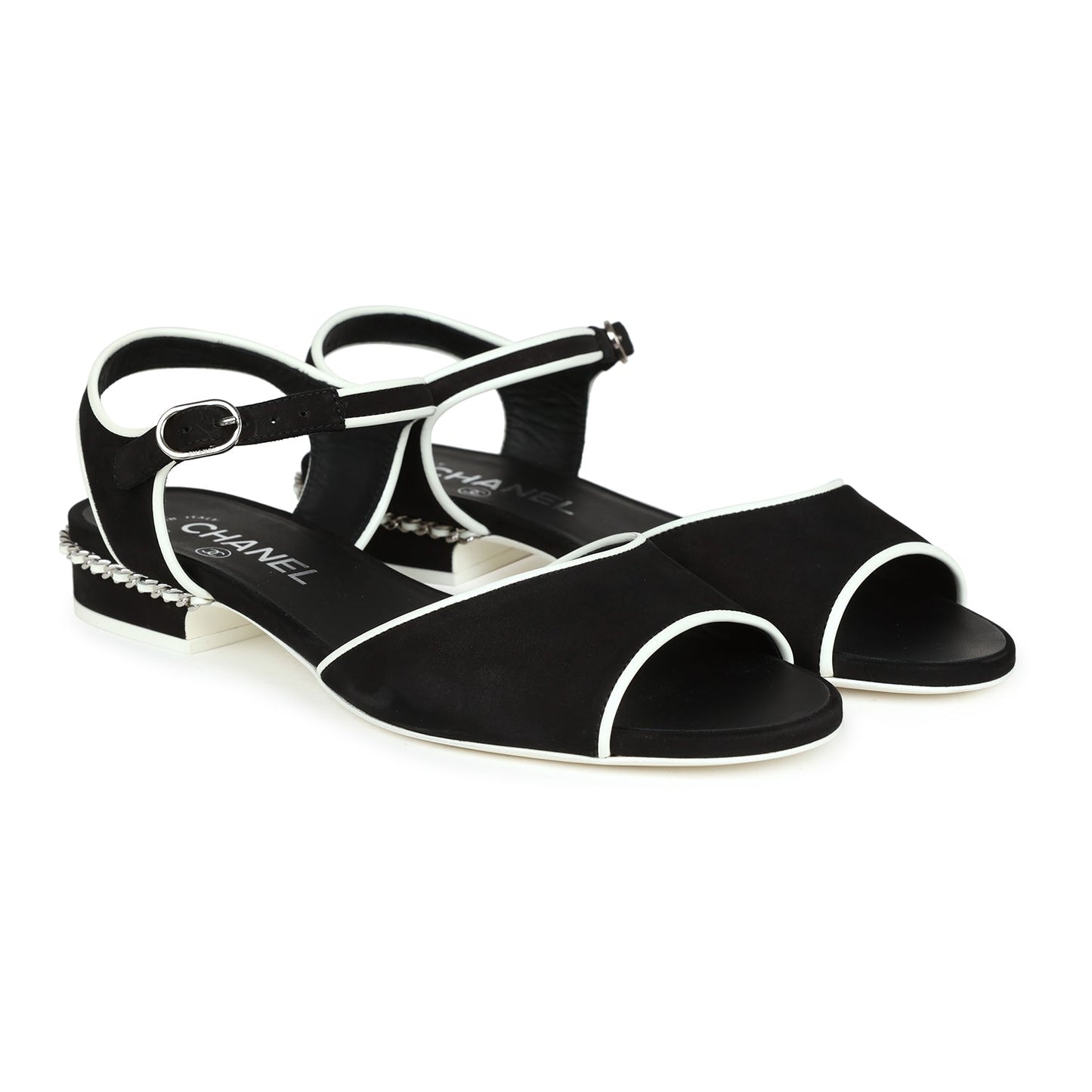 Chanel Slingback Sandals Black and White Suede and Lambskin Silver Hardware 37 EU