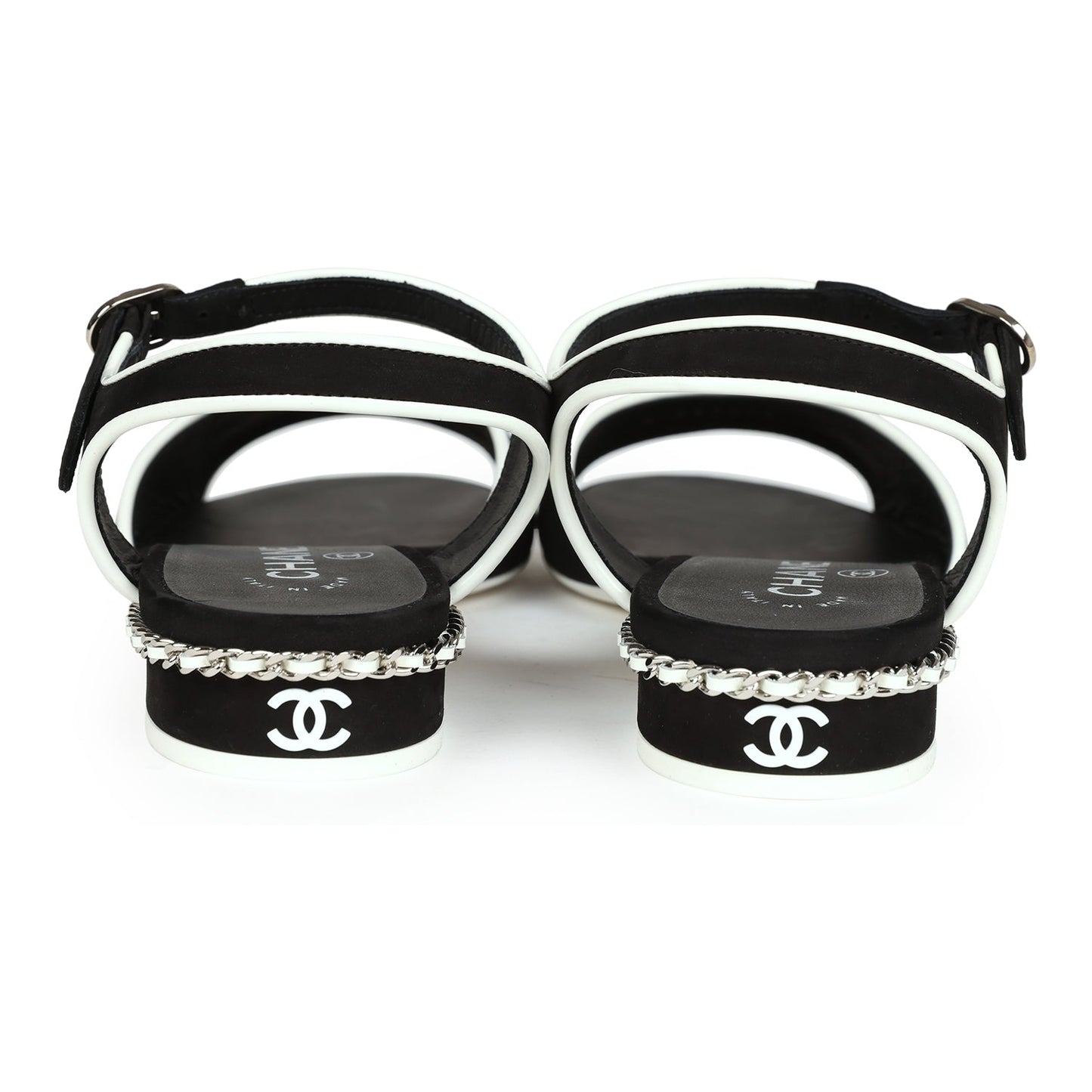 Chanel Slingback Sandals Black and White Suede and Lambskin Silver Hardware 37 EU