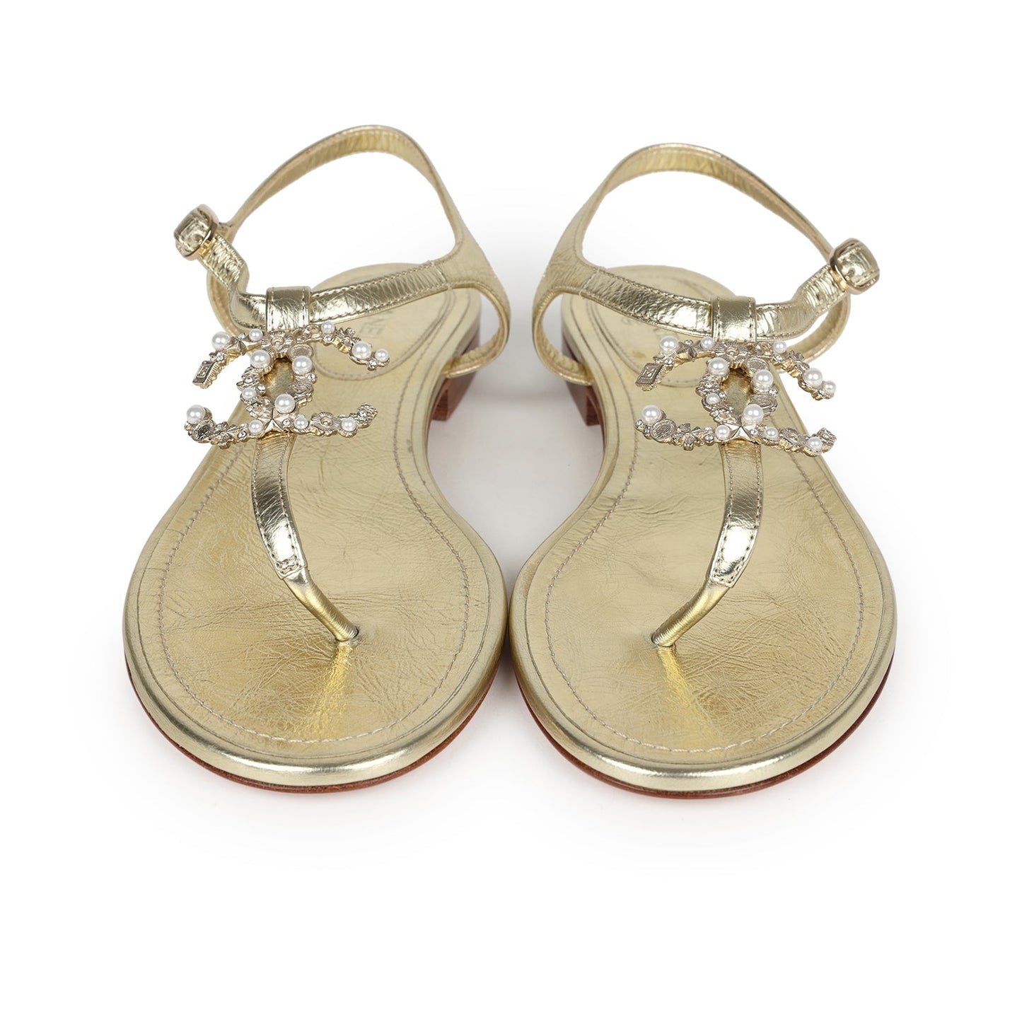 Chanel CC Jeweled Thong Sandals Gold Metallic 38C EU