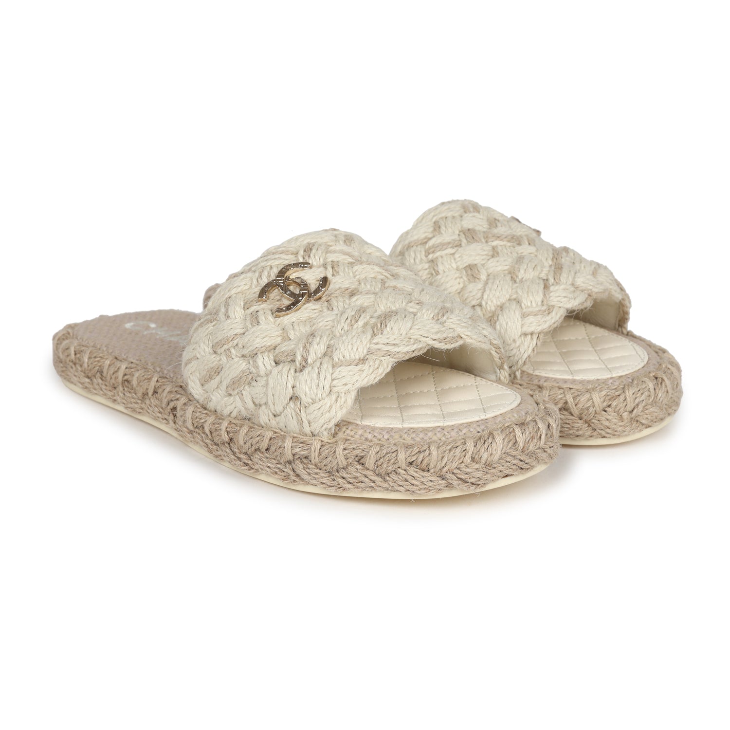 Chanel CC Braided Knit Interlocking Slide Sandals Cream Gold Hardware 37 EU - Bob Flawless Skincare 