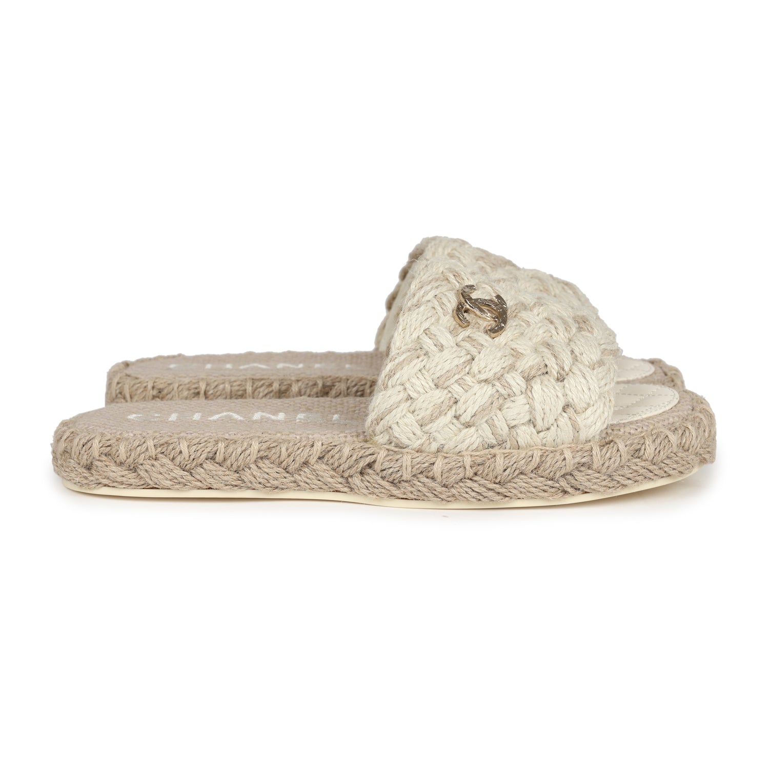 Chanel CC Braided Knit Interlocking Slide Sandals Cream Gold Hardware 37 EU - Bob Flawless Skincare 