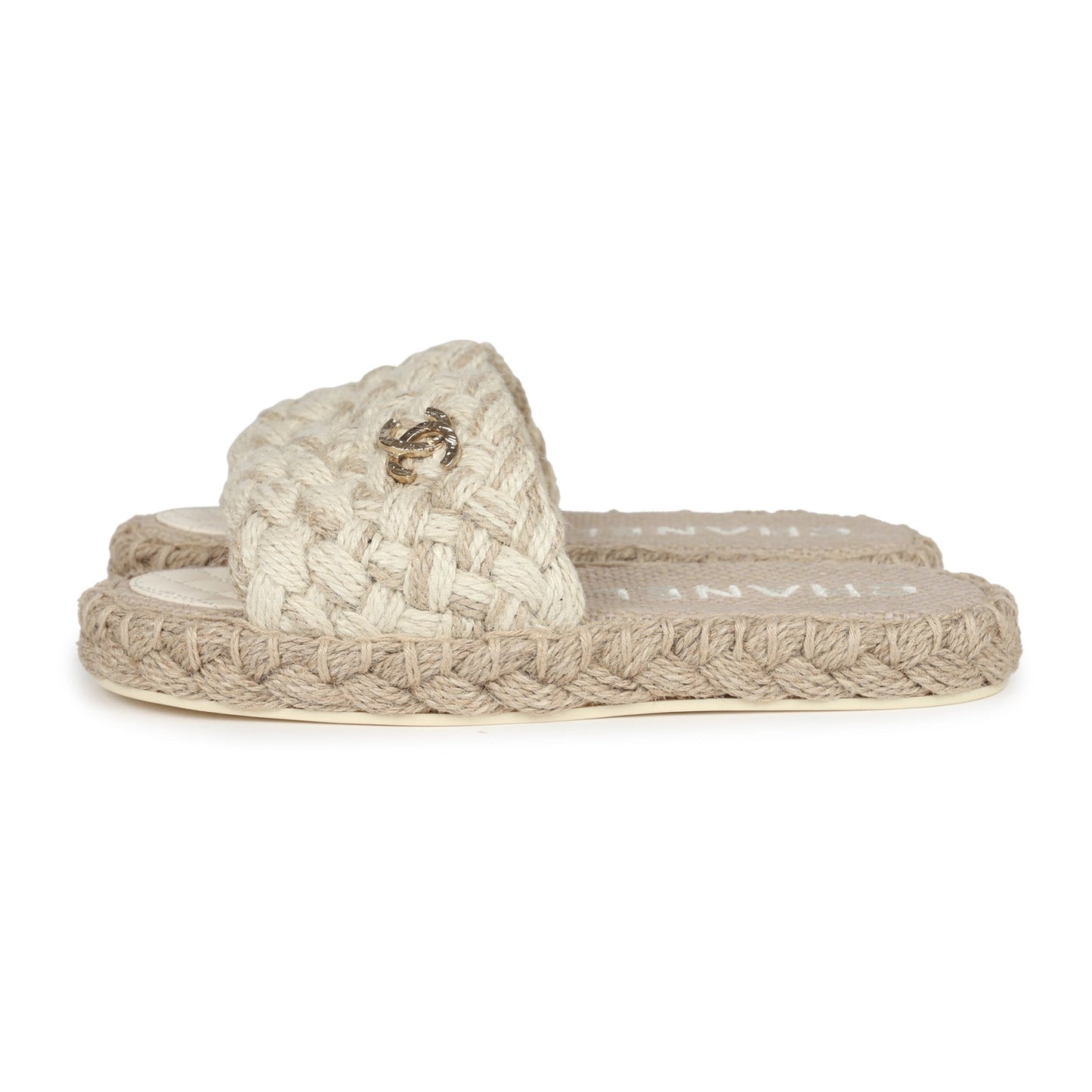 Chanel CC Braided Knit Interlocking Slide Sandals Cream Gold Hardware 37 EU - Bob Flawless Skincare 