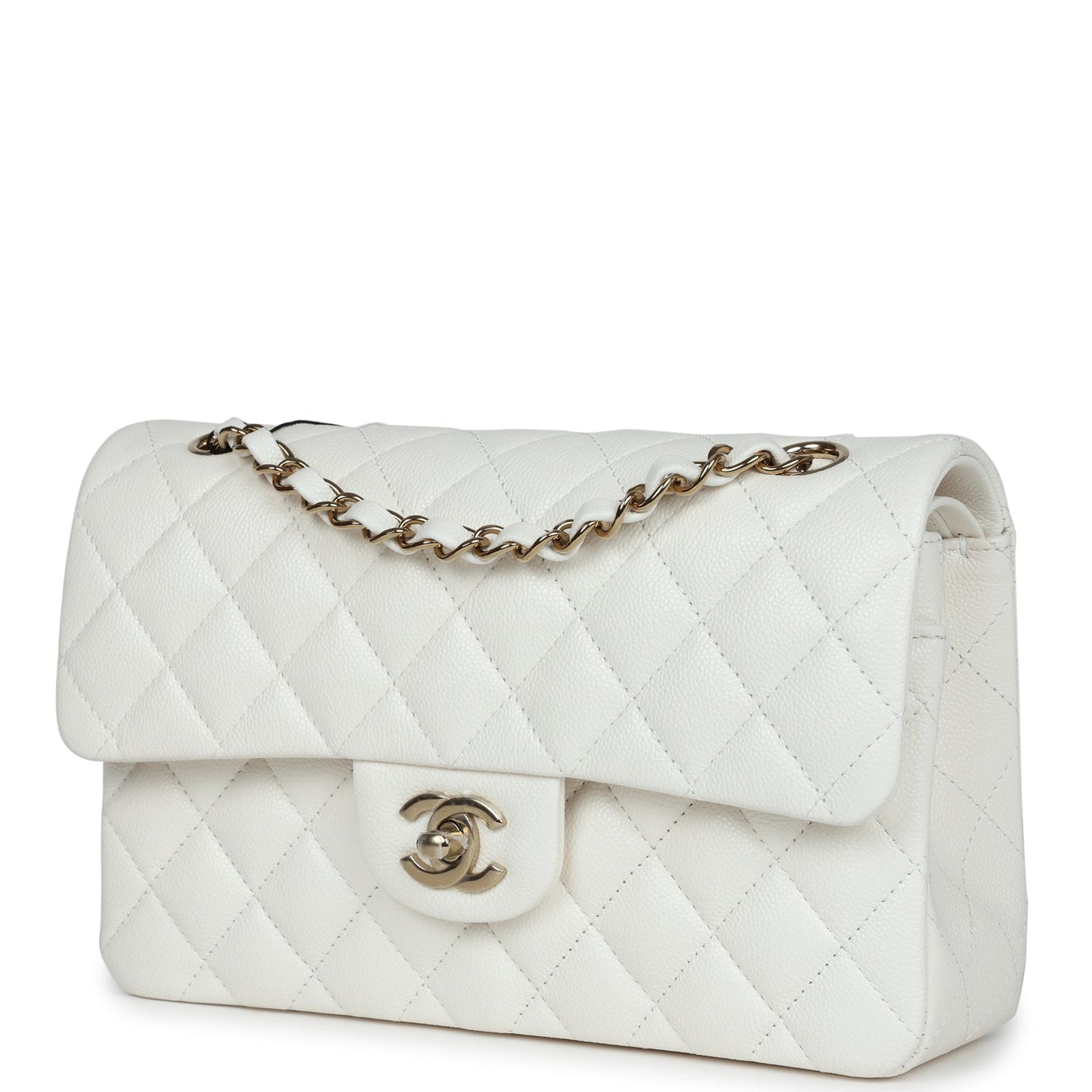 Chanel Small Classic Double Flap White Caviar Light Gold Hardware