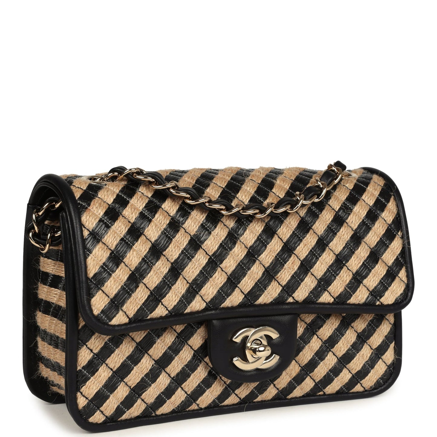 Chanel Small Urban Jungle Flap Beige and Black Stripe Raffia Jute Gold Hardware