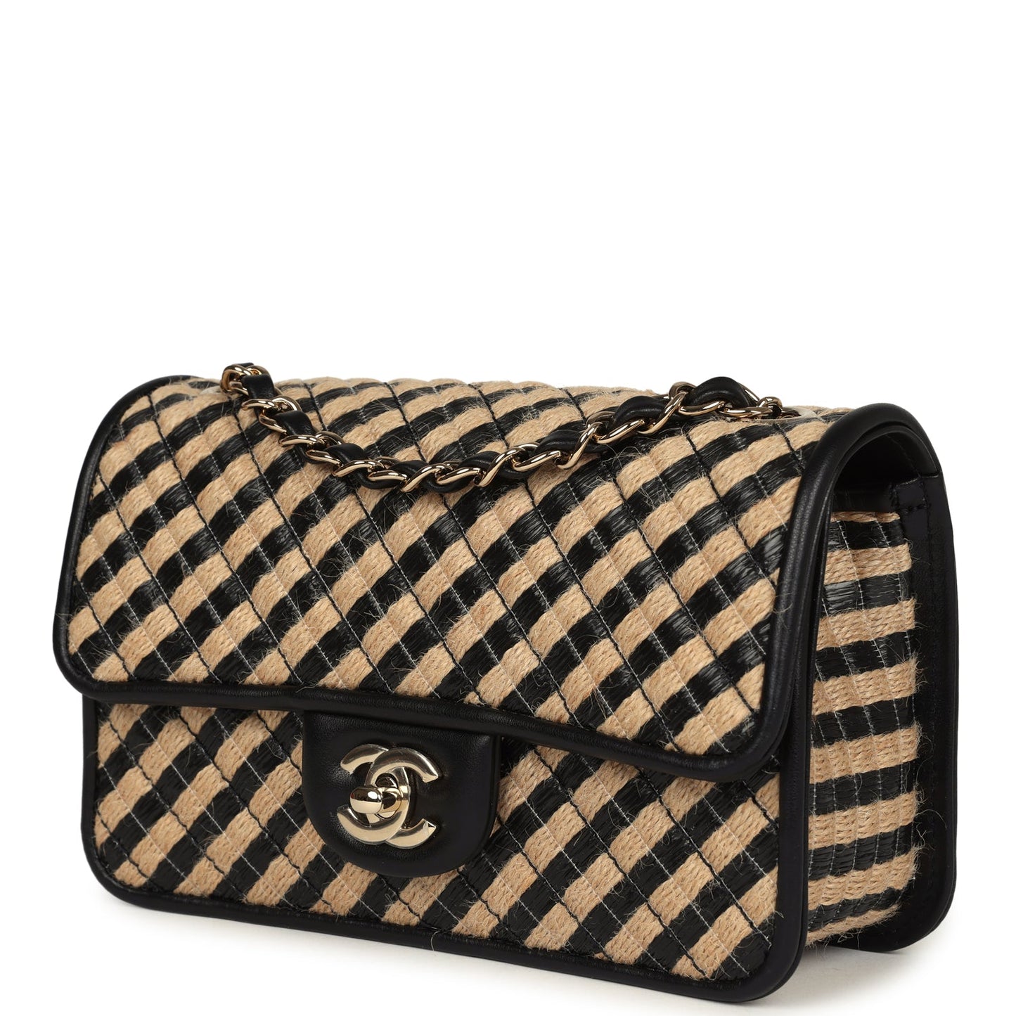 Chanel Small Urban Jungle Flap Beige and Black Stripe Raffia Jute Gold Hardware