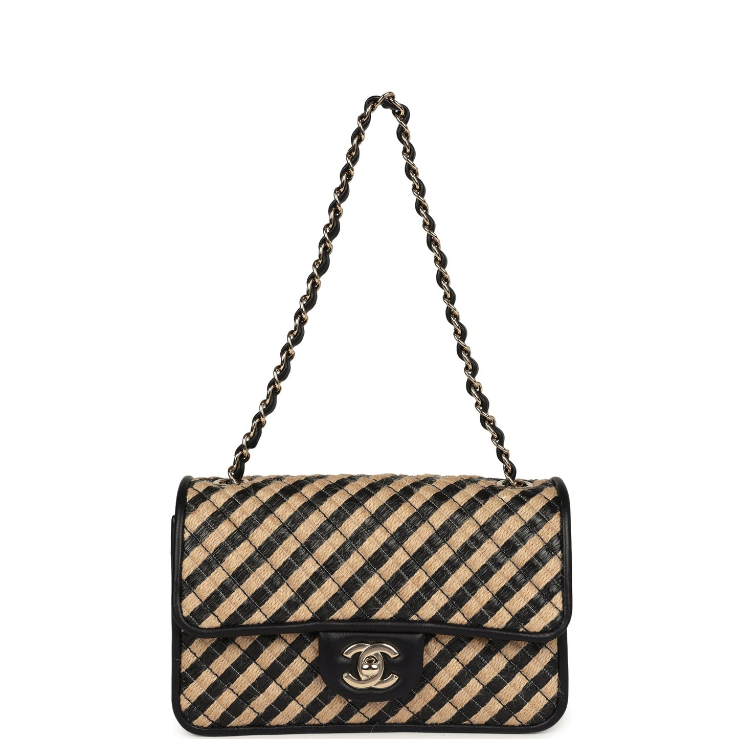 Chanel Small Urban Jungle Flap Beige and Black Stripe Raffia Jute Gold Hardware