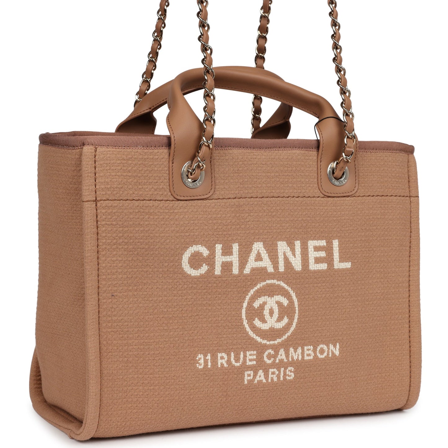 Chanel Small Deauville Shopping Tote Beige Canvas Light Gold Hardware