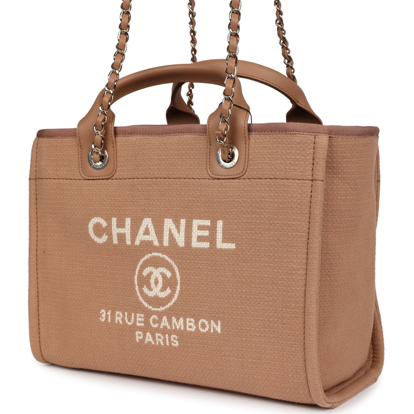 Chanel Small Deauville Shopping Tote Beige Canvas Light Gold Hardware