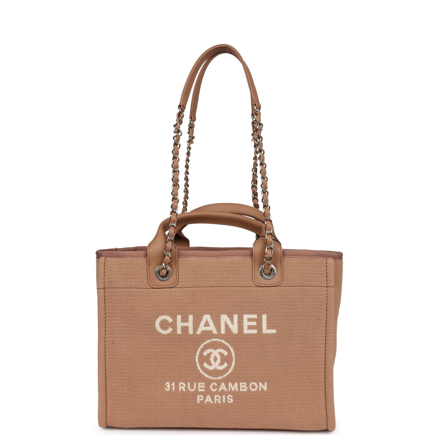 Chanel Small Deauville Shopping Tote Beige Canvas Light Gold Hardware