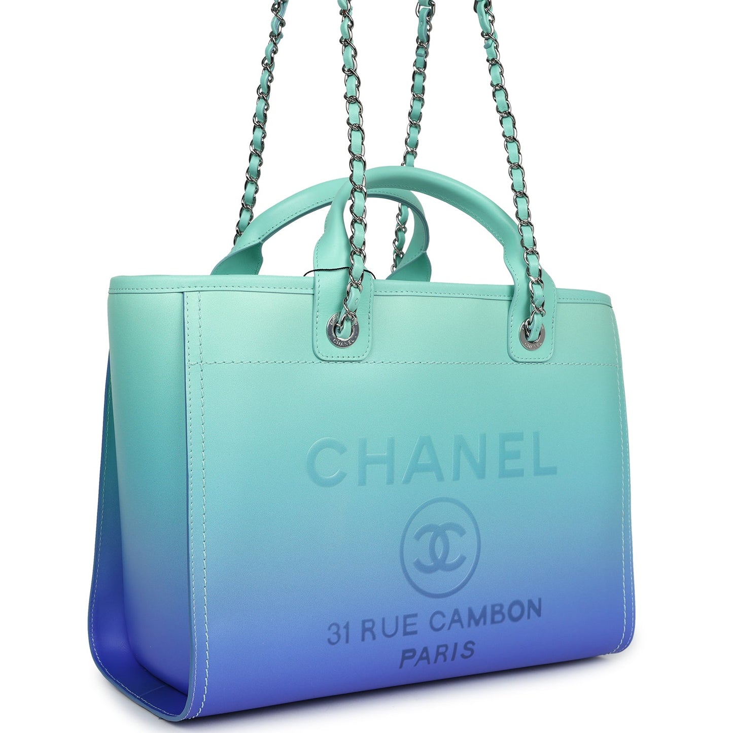 Chanel Small Deauville Shopping Tote Blue and Green Ombre Calfskin Silver Hardware