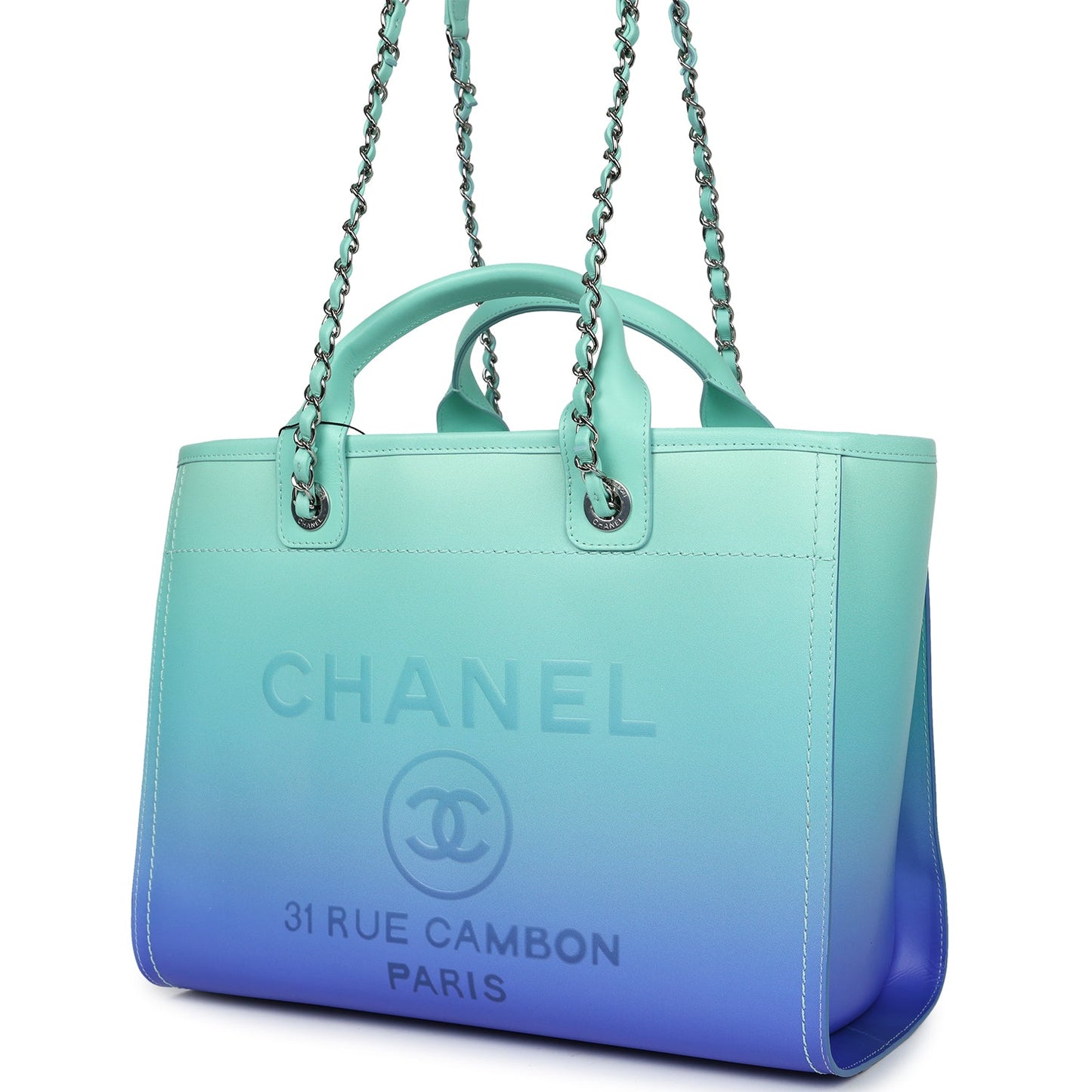 Chanel Small Deauville Shopping Tote Blue and Green Ombre Calfskin Silver Hardware