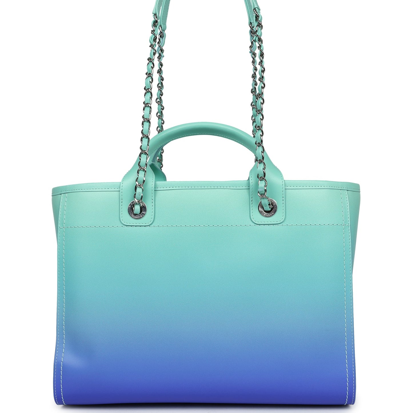 Chanel Small Deauville Shopping Tote Blue and Green Ombre Calfskin Silver Hardware