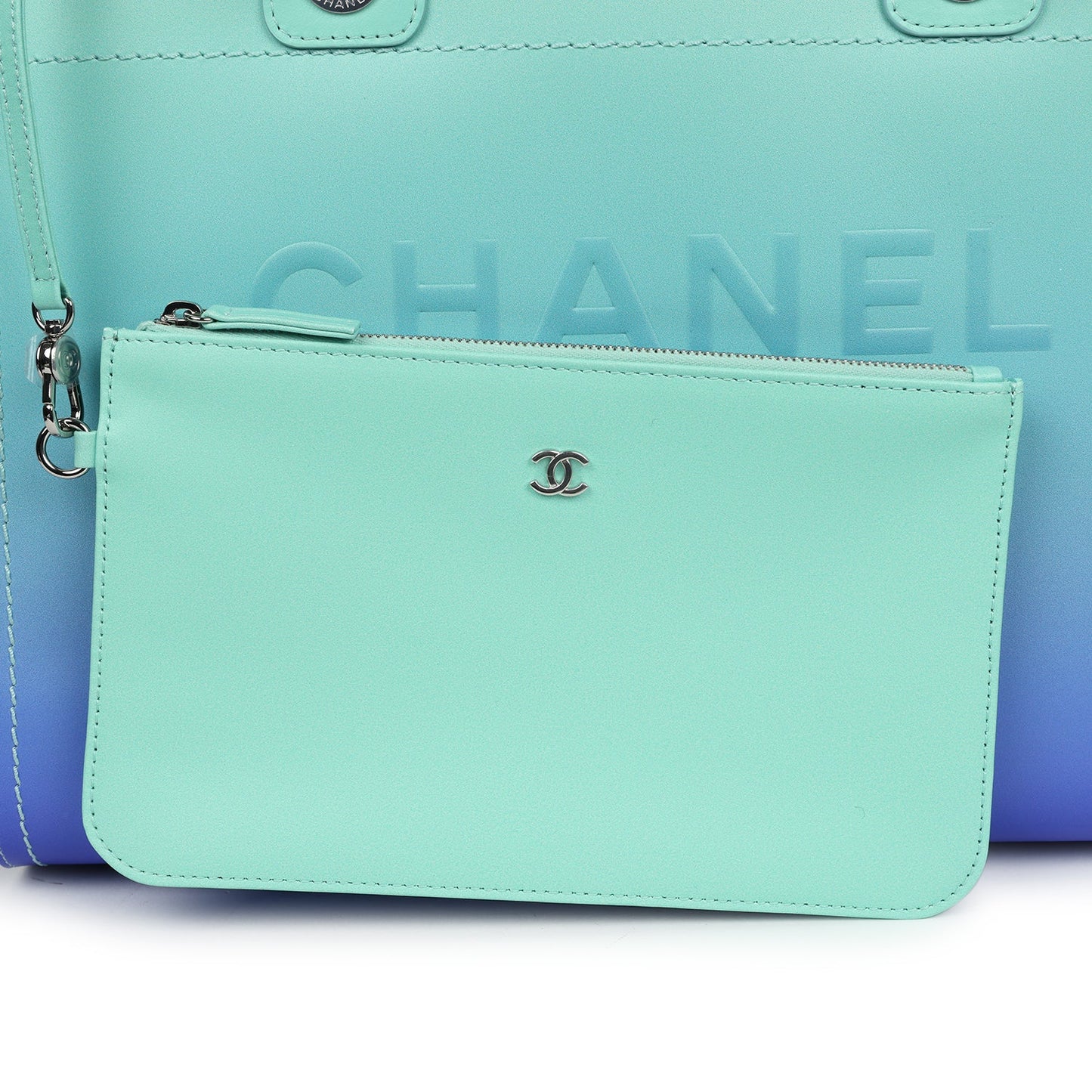 Chanel Small Deauville Shopping Tote Blue and Green Ombre Calfskin Silver Hardware