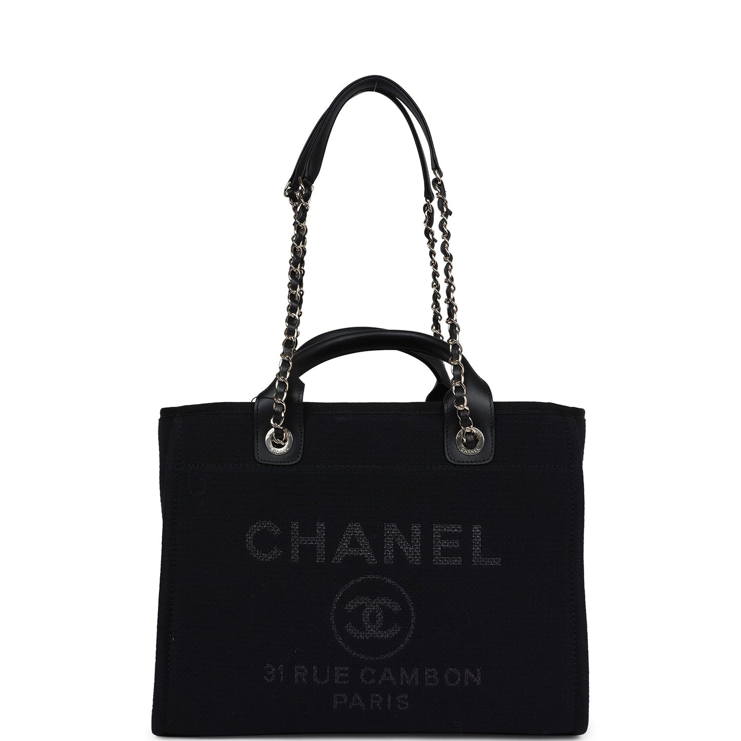 Chanel Small Deauville Shopping Bag Black Canvas Light Gold Hardware - Bob Flawless Skincare 