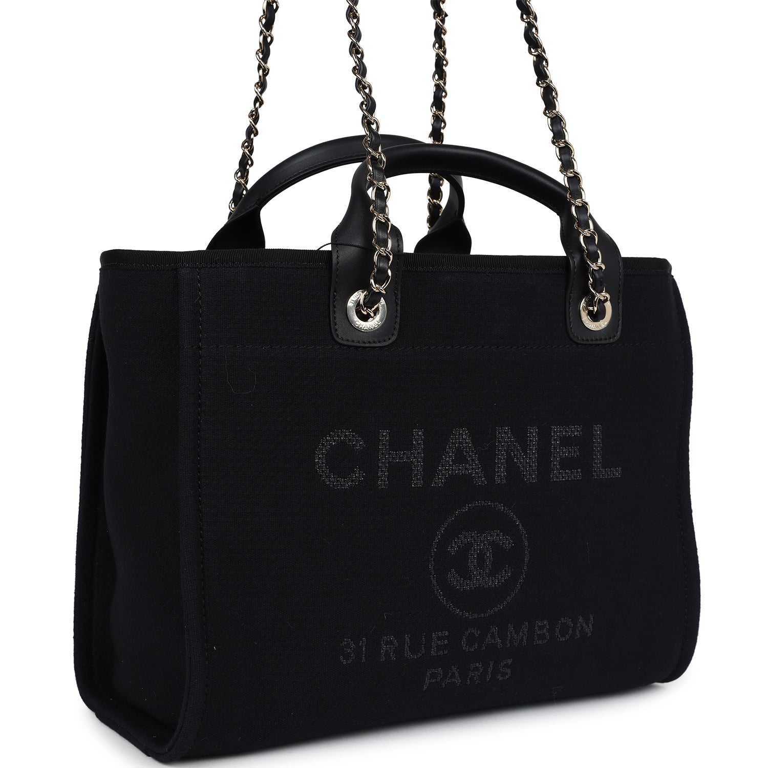 Chanel Small Deauville Shopping Bag Black Canvas Light Gold Hardware - Bob Flawless Skincare 