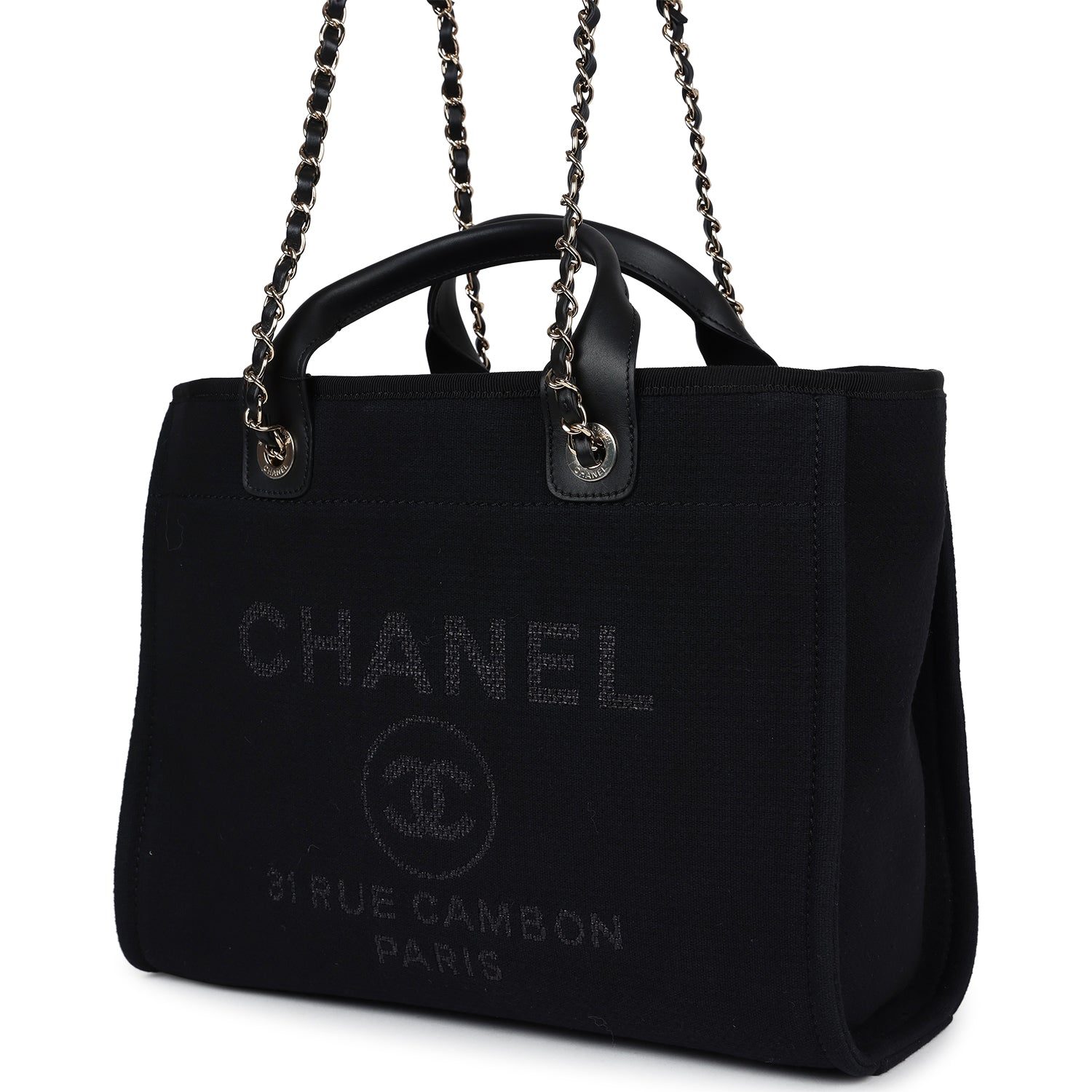 Chanel Small Deauville Shopping Bag Black Canvas Light Gold Hardware - Bob Flawless Skincare 